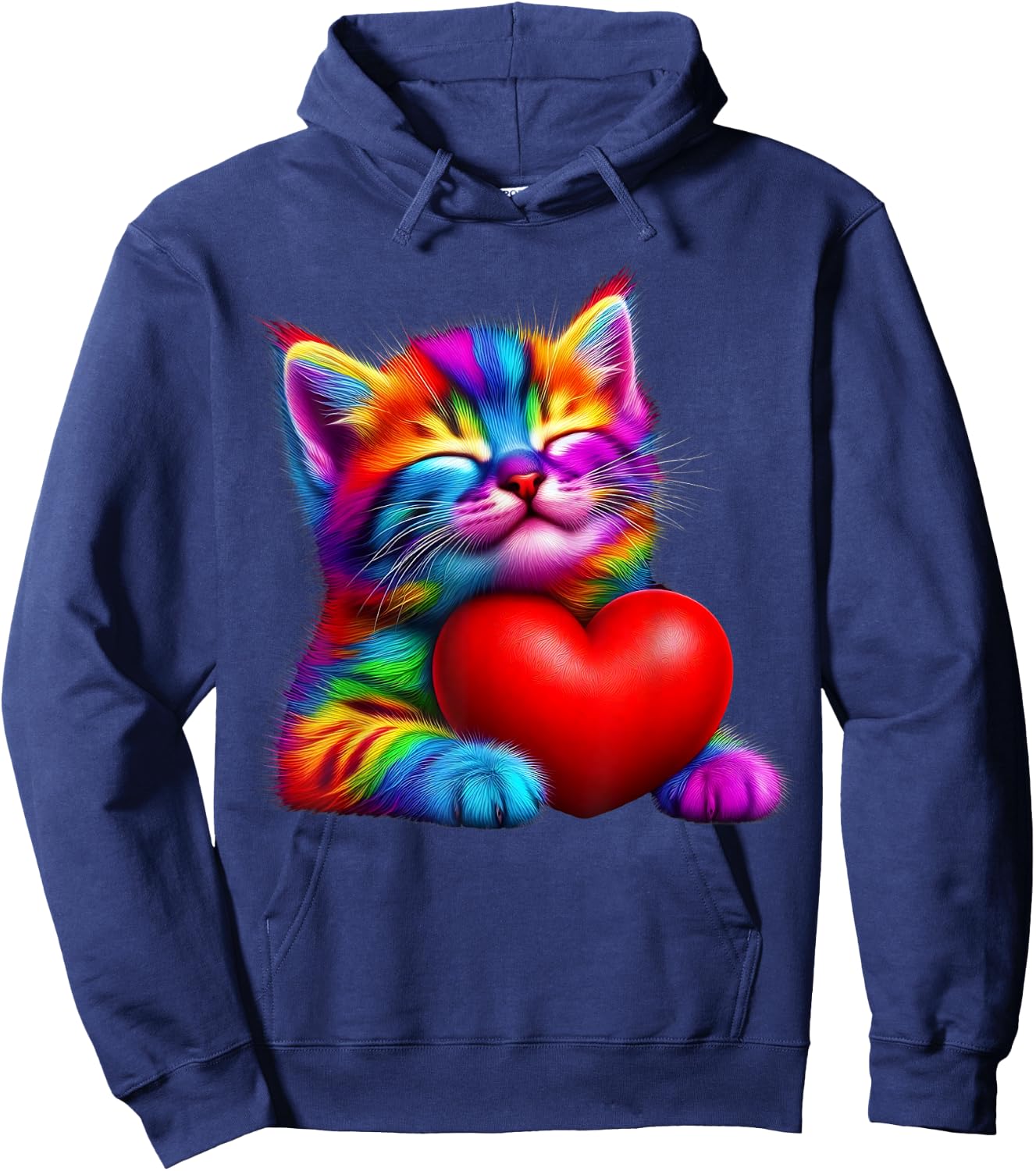 Rainbow Cute Cat Hugging Valentine Heart Kitty Love Cat Hoodie - Hoodie | Navy