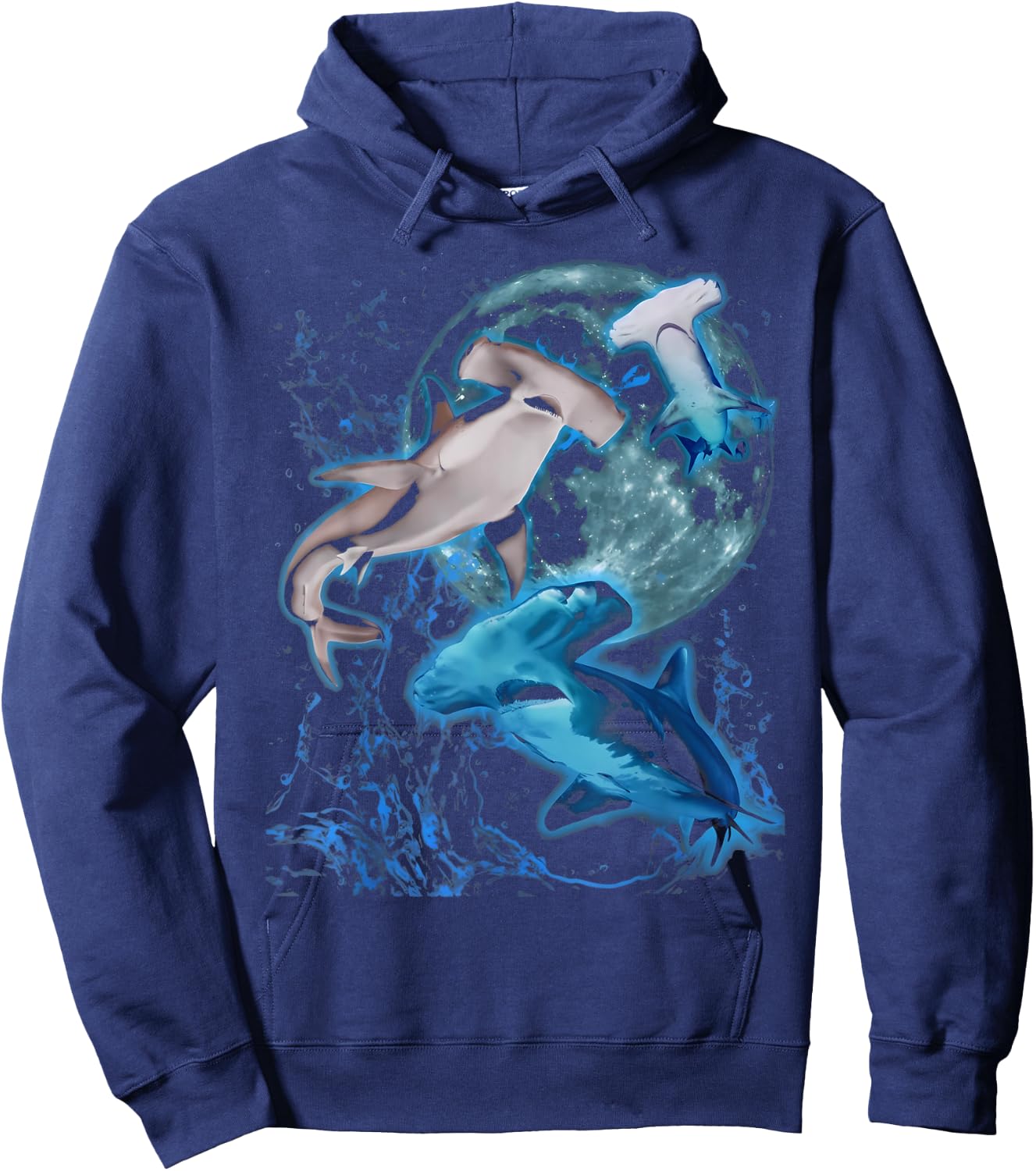 Vintage Three Hammerhead Shark Howling Moon Marine Biologist Hoodie - Hoodie | Navy