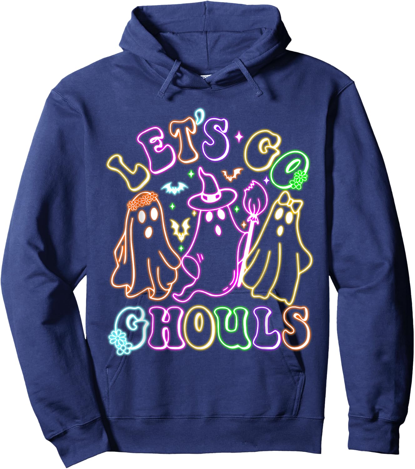 Retro Lets Go Ghouls Halloween Spooky Ghost Colorful Glowing Hoodie - Hoodie | Navy