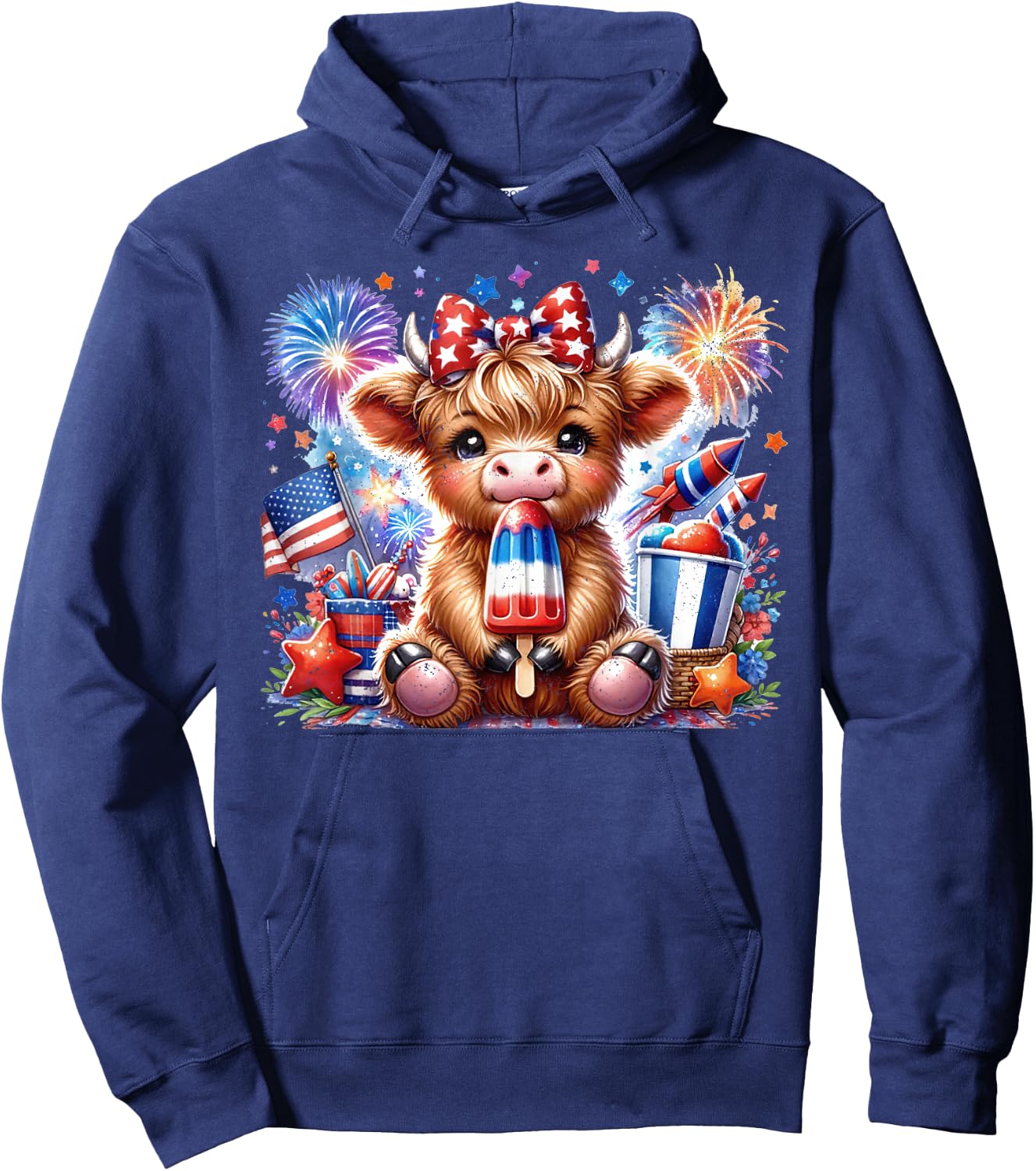 4th Of July Highland Cow Popsicle Firework USA American Hoodie - Hoodie | Navy