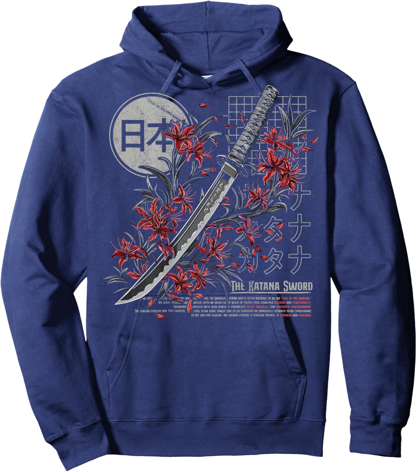 Red Spider Lily Flower Japanese Katana Sword Backprinted Hoodie - Hoodie | Navy