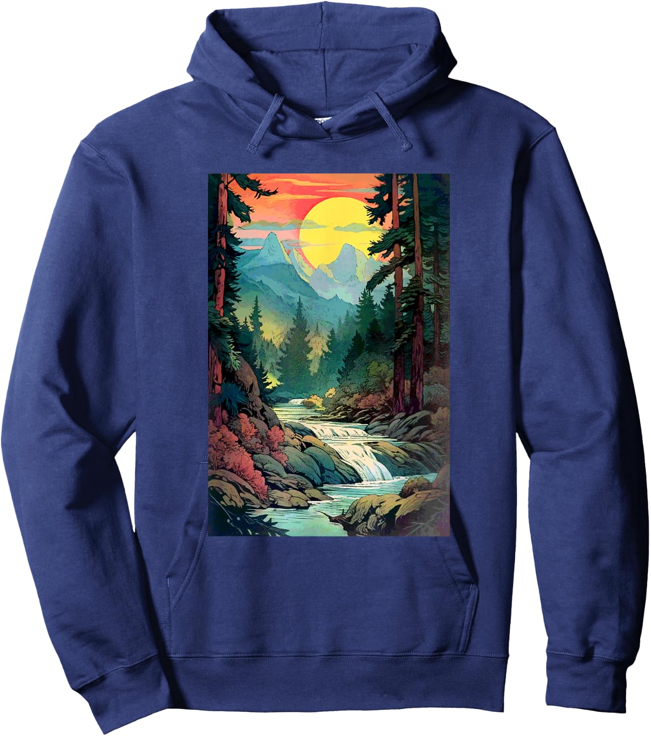 Mountains Trees River Waterfall Woodsy Nature Scene Outdoors Hoodie - Hoodie | Navy