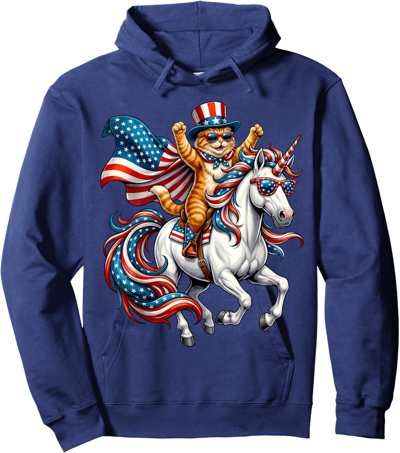 Funny Cat Unicorn America USA Flag Patriotic 4th of July Hoodie - Hoodie | Navy