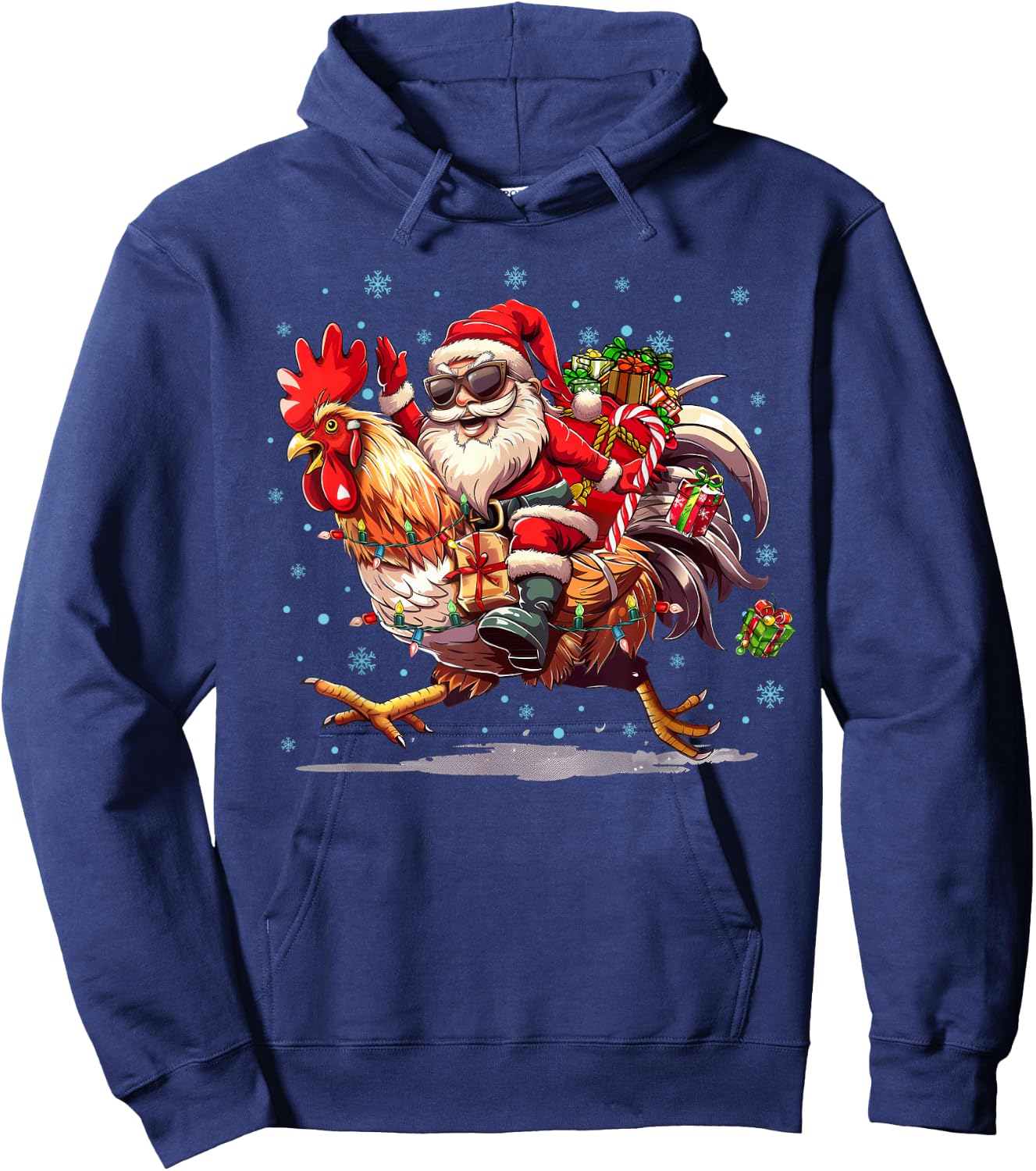 Ugly Christmas Santa Riding Chicken Christmas Tree Lights Hoodie - Hoodie | Navy