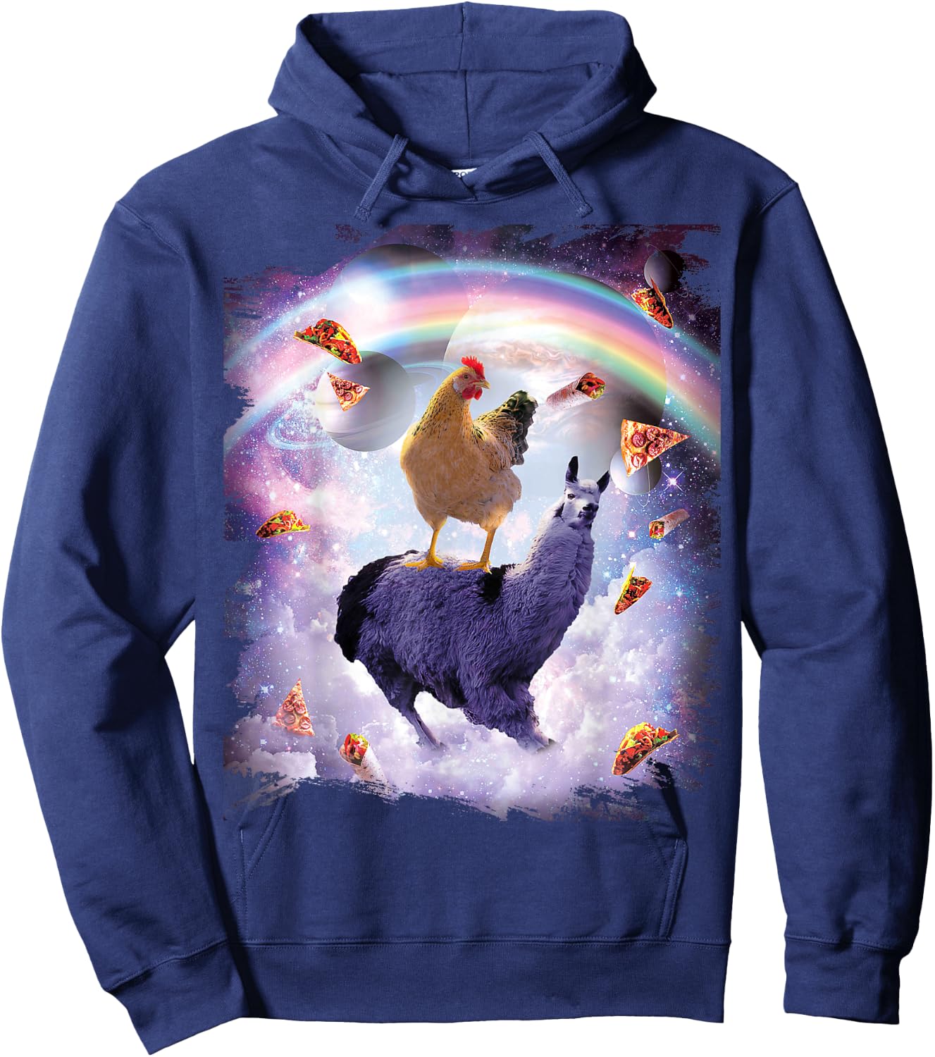 Chicken Riding Llama in Space - Rainbow Hoodie - Hoodie | Navy