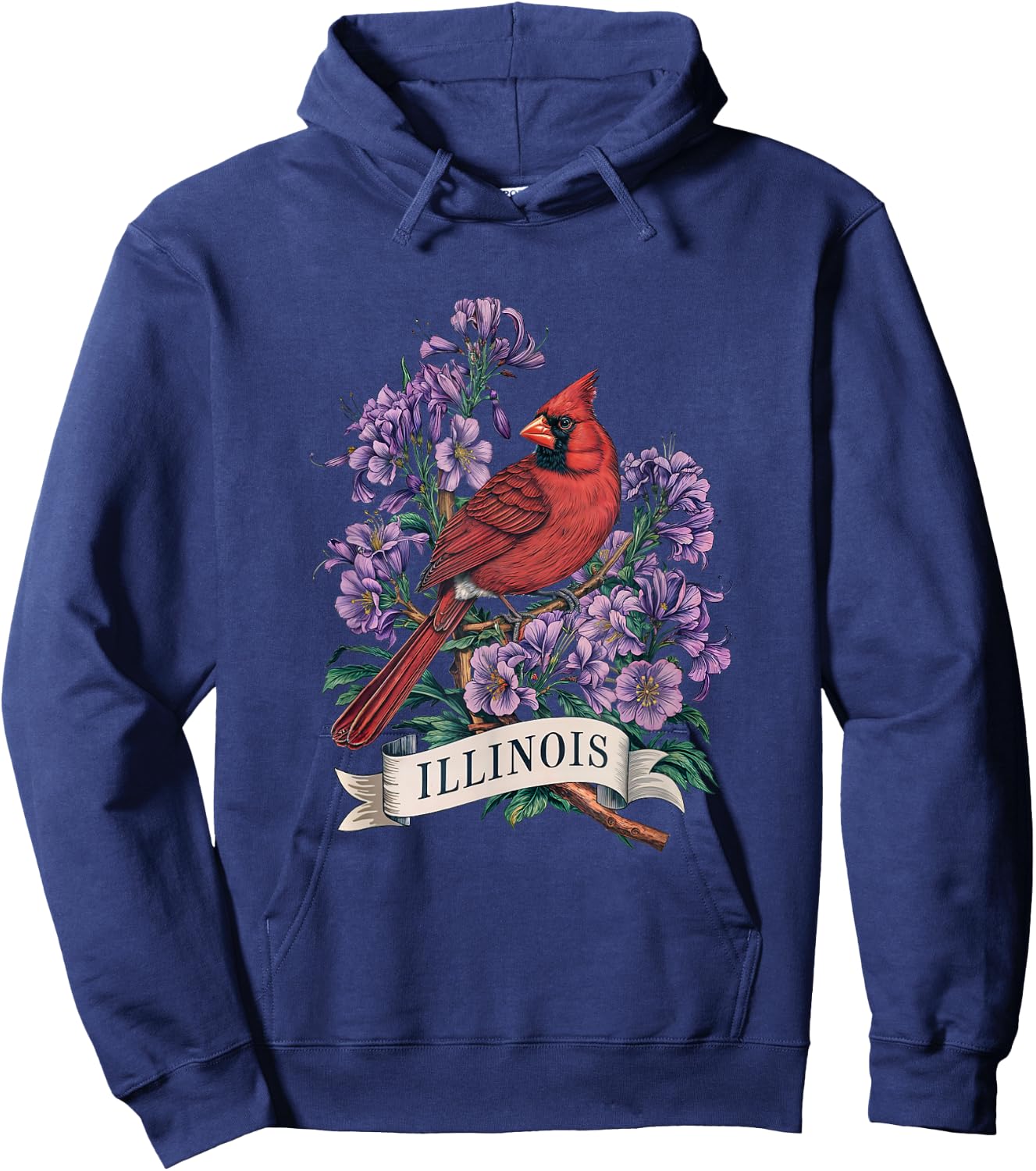 Illinois Northern Cardinal Bird and Violet Flower Hoodie - Hoodie | Navy