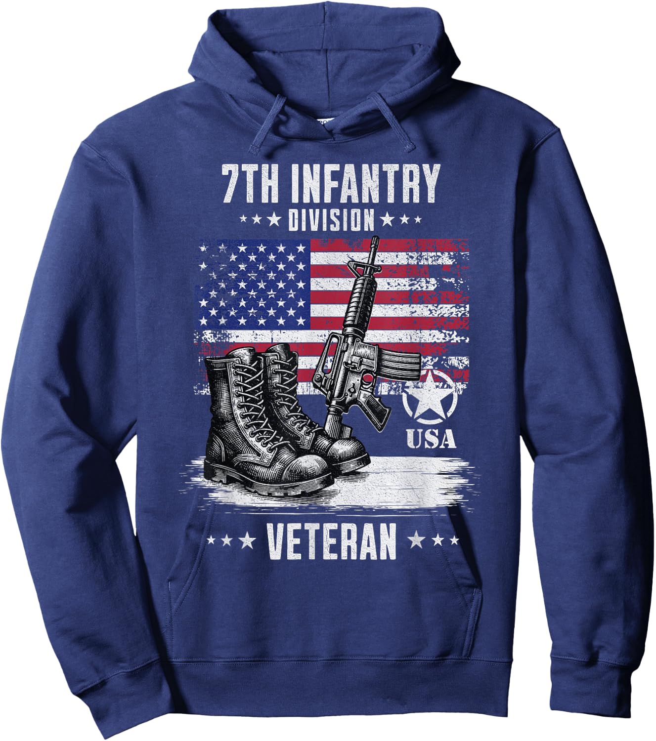 SoldierTees 7th Infantry Division Veteran Distressed -Adults - Black, Short Sleeve, Classic Fit, Military, Solid Color, Small Hoodie - Hoodie | Navy