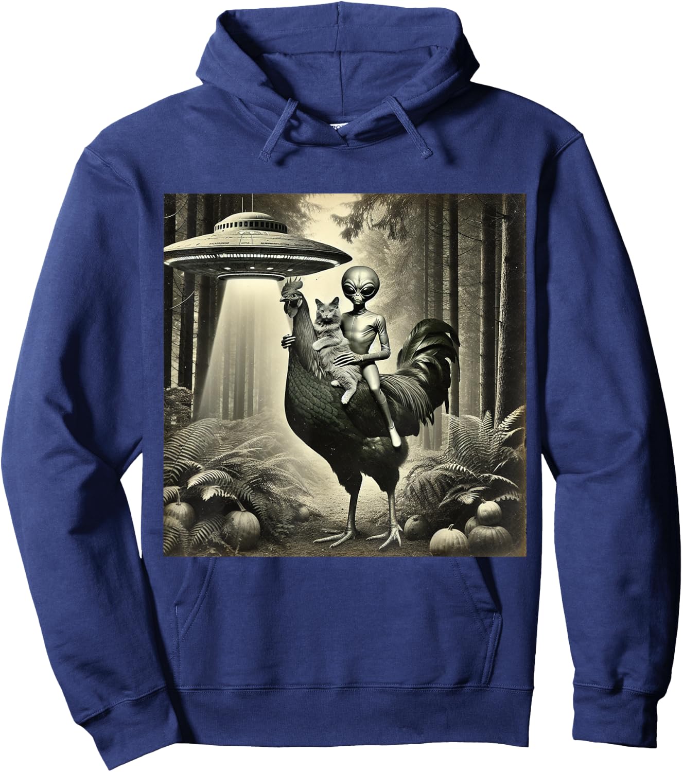 Funny UFO Alien and Cat Lovers Cat With Alien Riding Chicken -Adults, -Kids Black Short Sleeve Hoodie - Hoodie | Navy