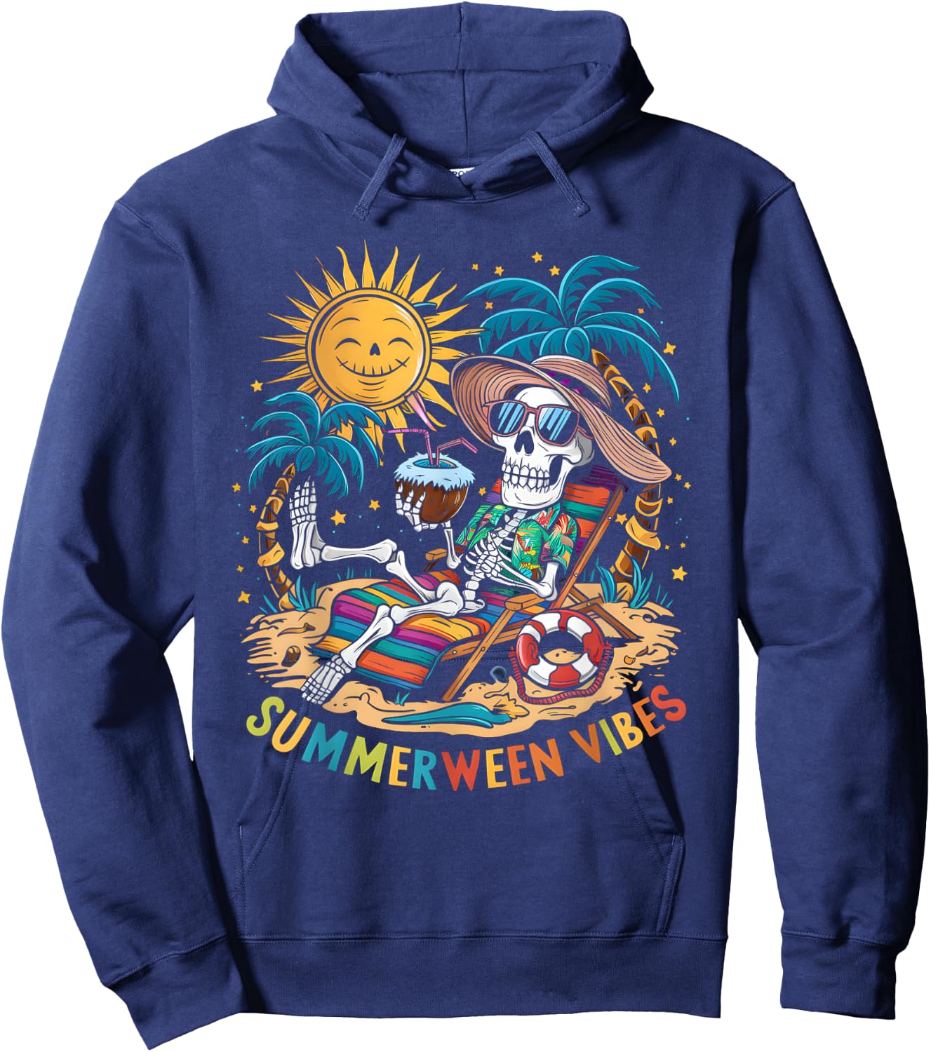 Funny Summerween Vibes Skeleton Summer Vacation Beach Men Women Hoodie - Hoodie | Navy