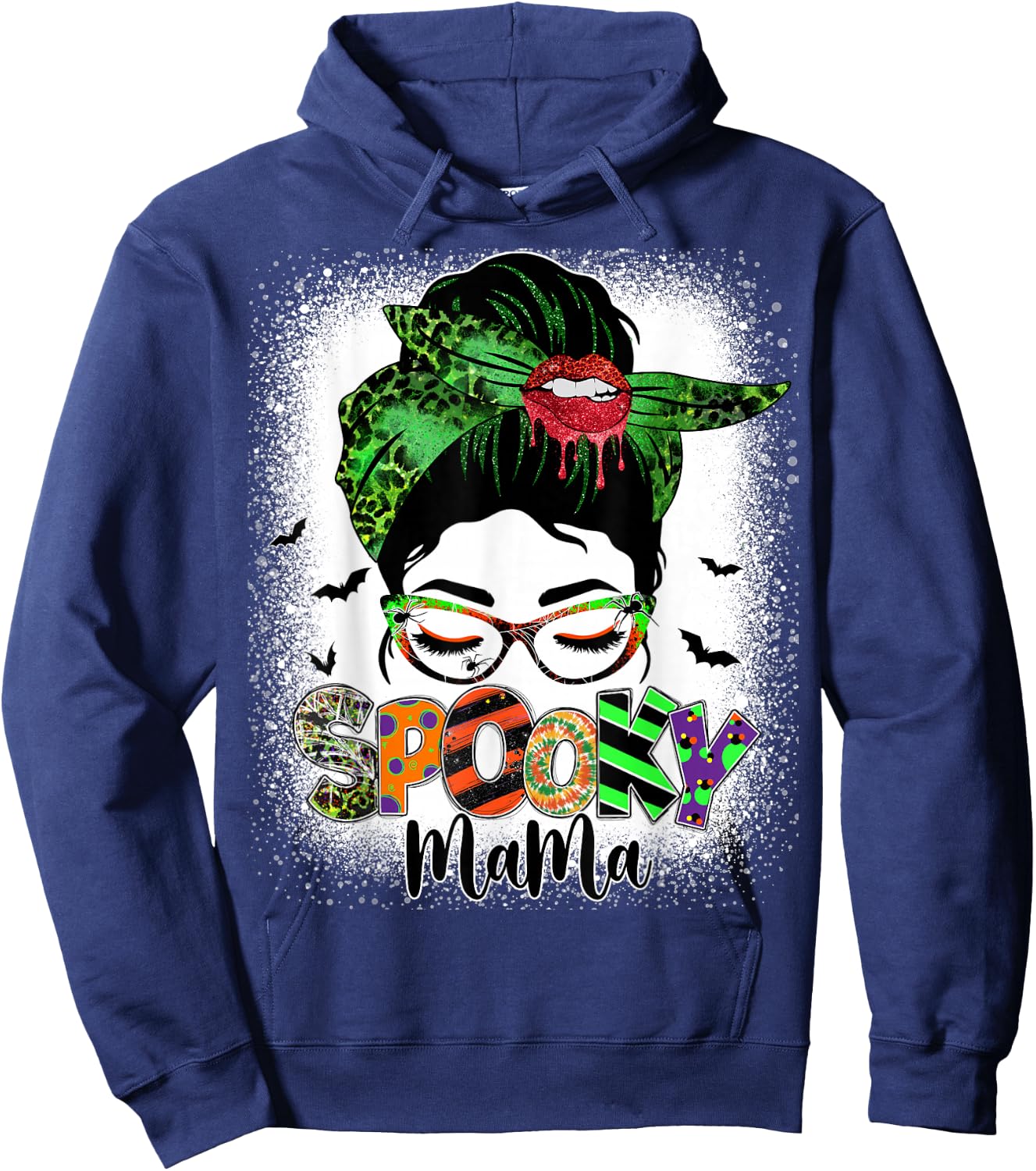 Spooky Mama Messy Bun Skull Mom Monster Bleached Halloween Hoodie - Hoodie | Navy