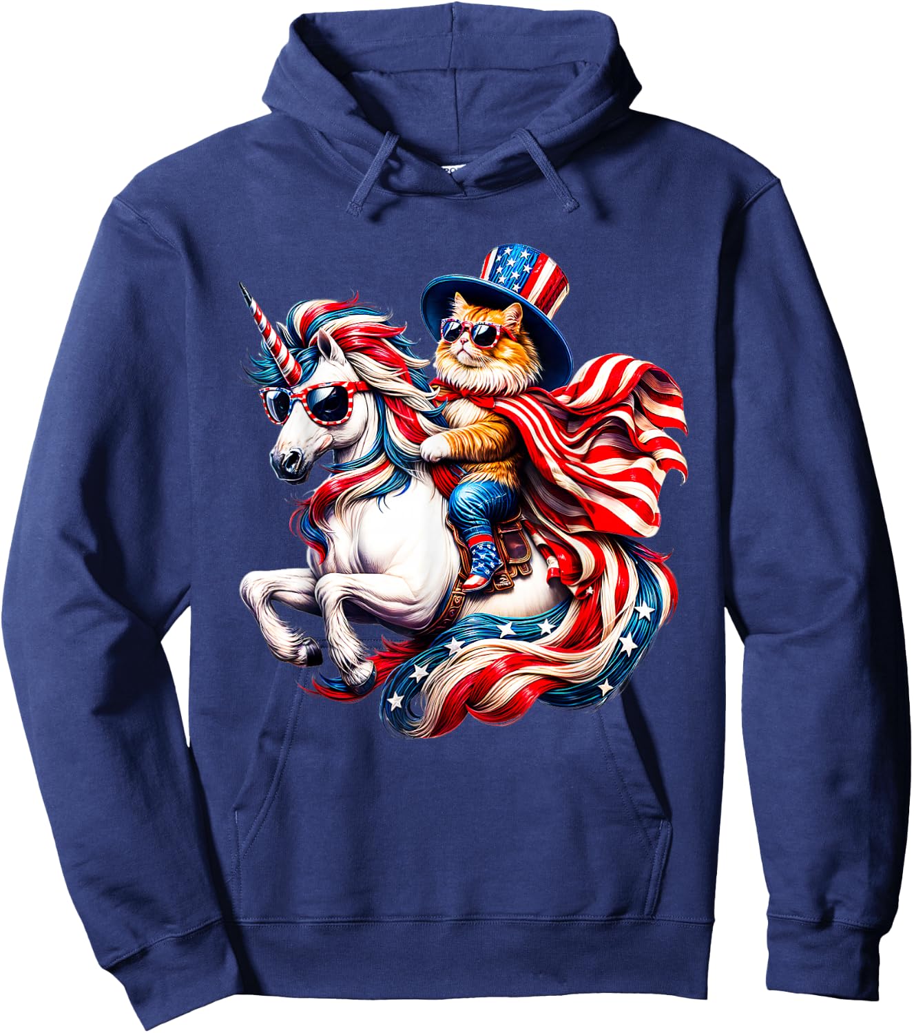 Cat Riding Unicorn USA Flag Patriotic 4th of July Hoodie - Hoodie | Navy