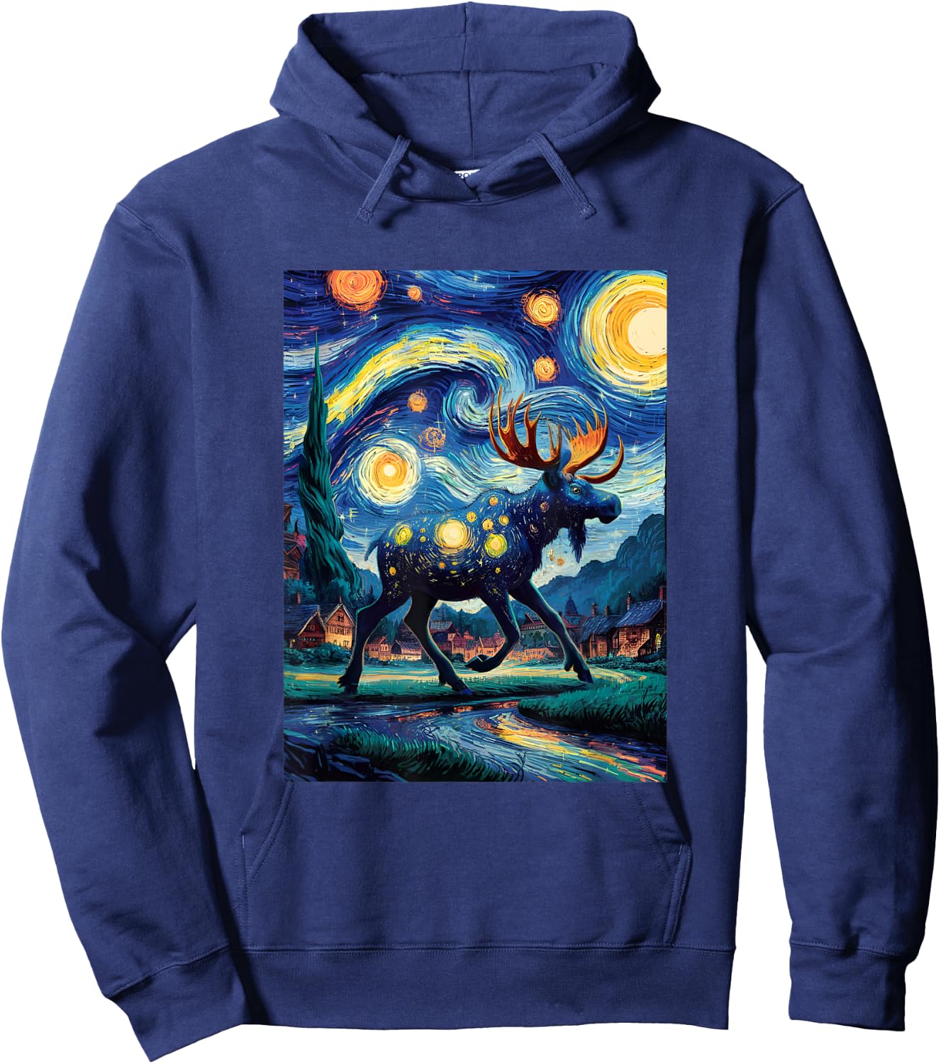 Artistic Moose Van Gogh Style Starry Night The Moose Lovers Hoodie - Hoodie | Navy
