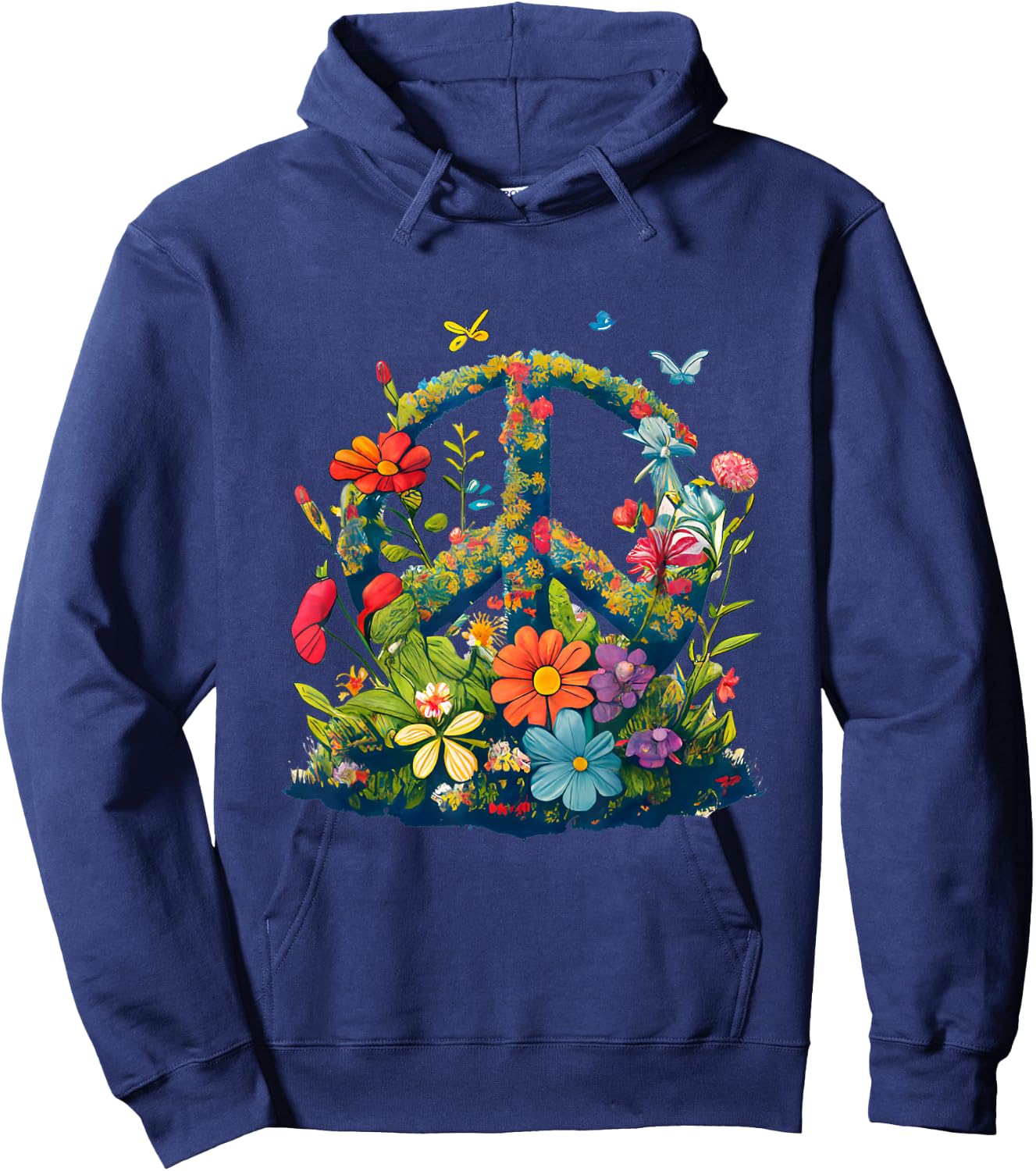 Peace Sign with Flowers and Butterflies, Peace Hoodie - Hoodie | Navy