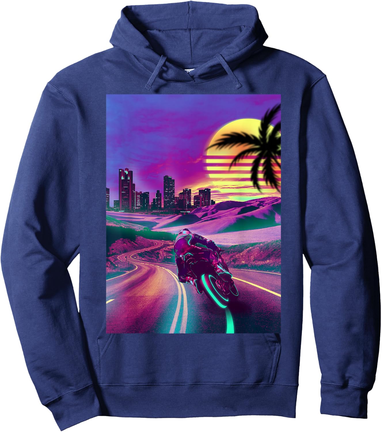 Outrun Vaporwave Retro 80s Synthwave Motorcycle Biker Racing Hoodie - Hoodie | Navy