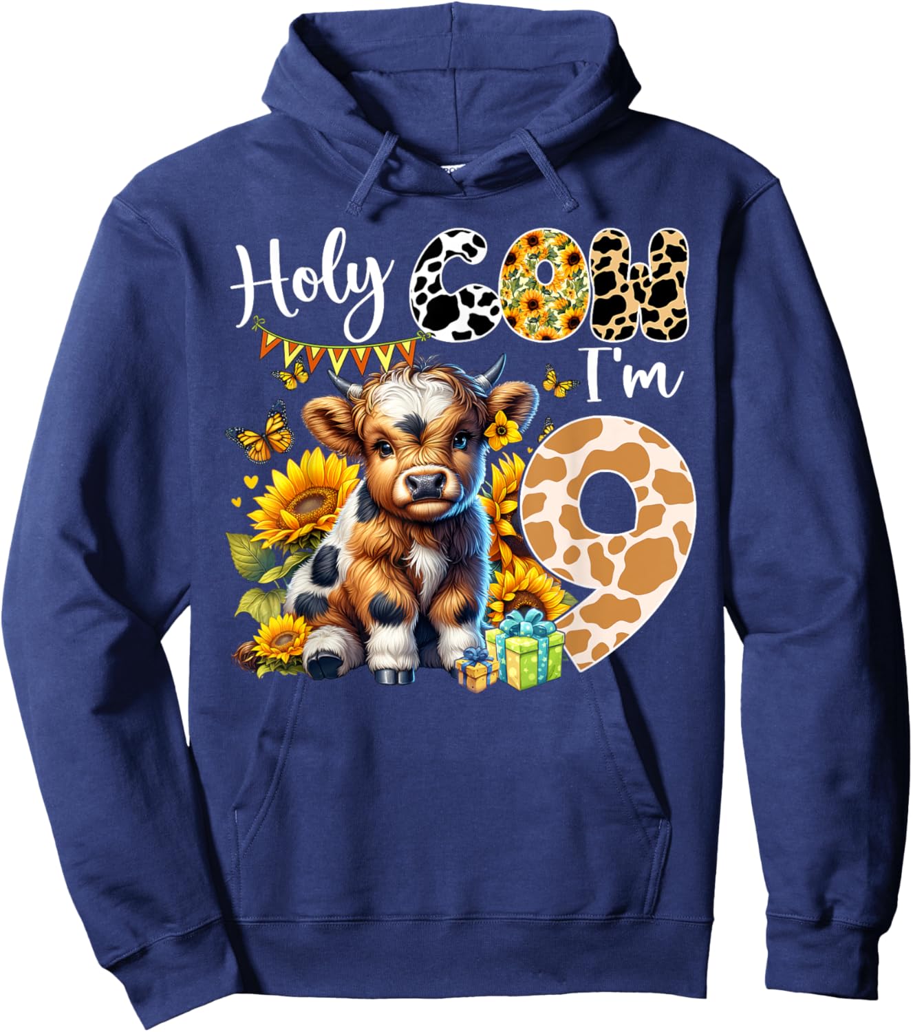 Holy Cow I’m 9 Years Old Dairy Cow Sunflowers 9th Birthday Hoodie - Hoodie | Navy