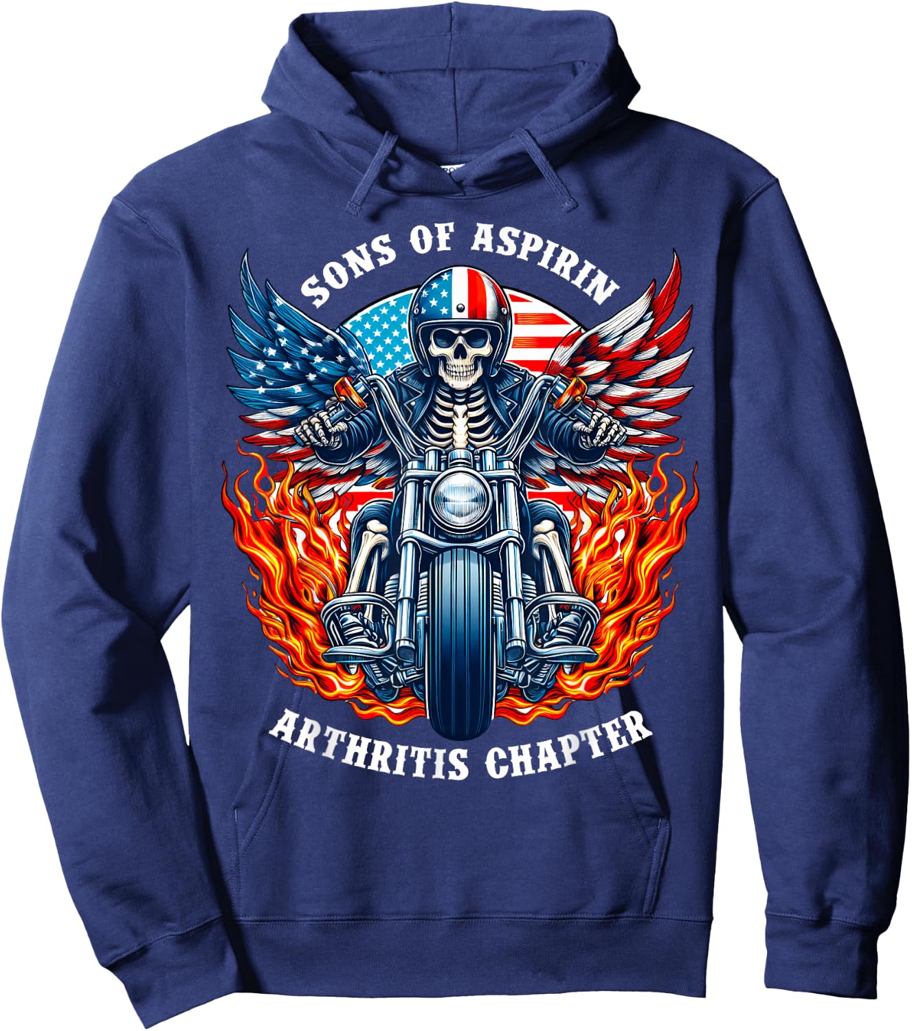 Sons of Aspirin Arthritis Chapter Skeleton Motorcycle Rider Hoodie - Hoodie | Navy