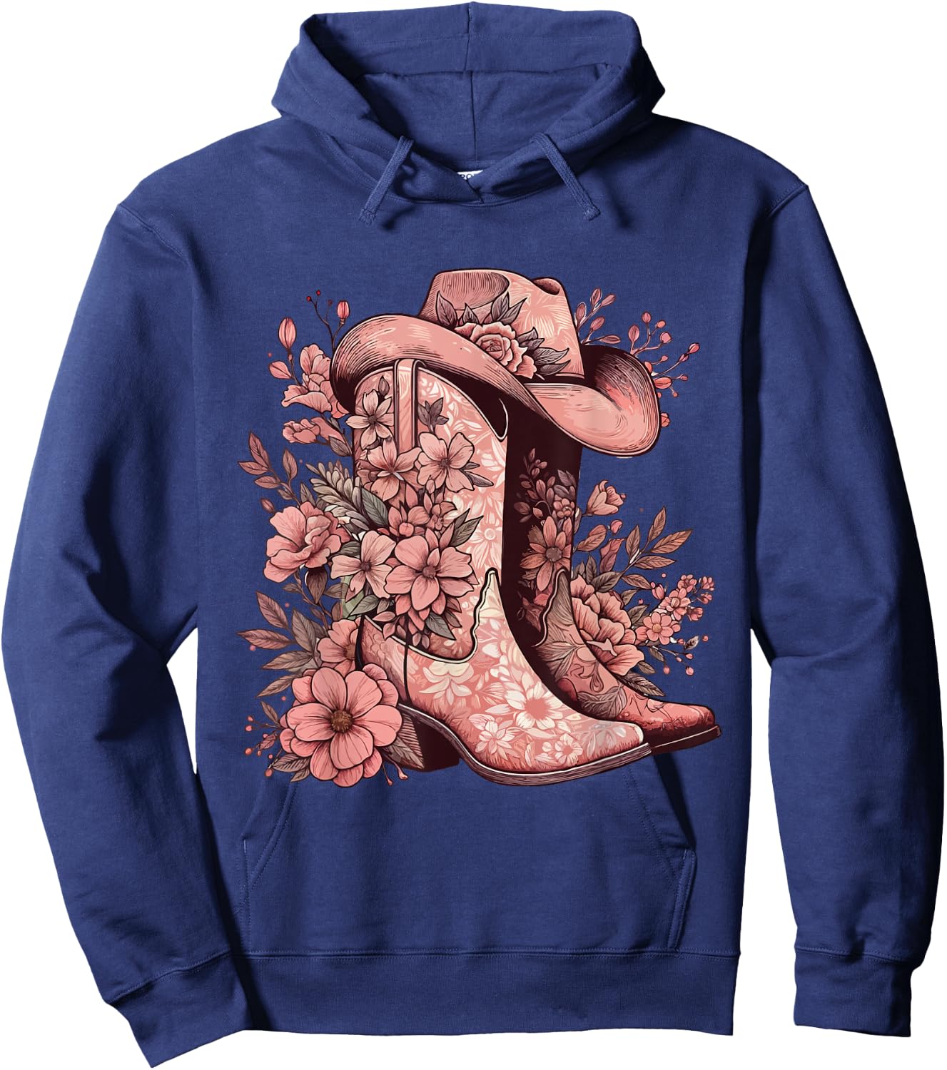 Boho Watercolor Cowgirl Boots Hat Floral Boots Western Boots Hoodie - Hoodie | Navy