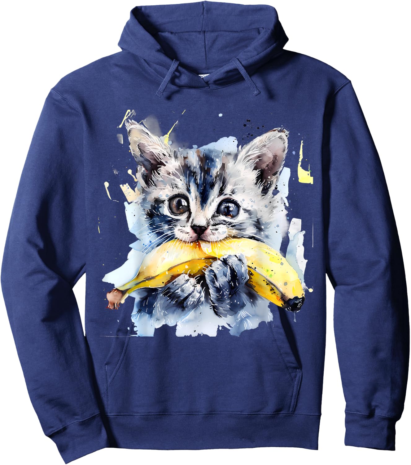 Banana Cat Watercolor Portrait Animal Art Bananas Fruit Hoodie - Hoodie | Navy