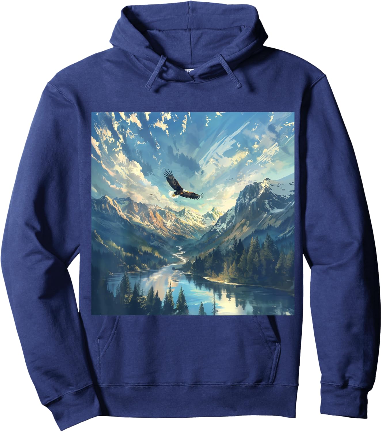 Gnosis Picture Archive Adult Impressionist Wild Bald Eagle Flying over River Valley - Black - Small - Short Sleeve Hoodie - Hoodie | Navy