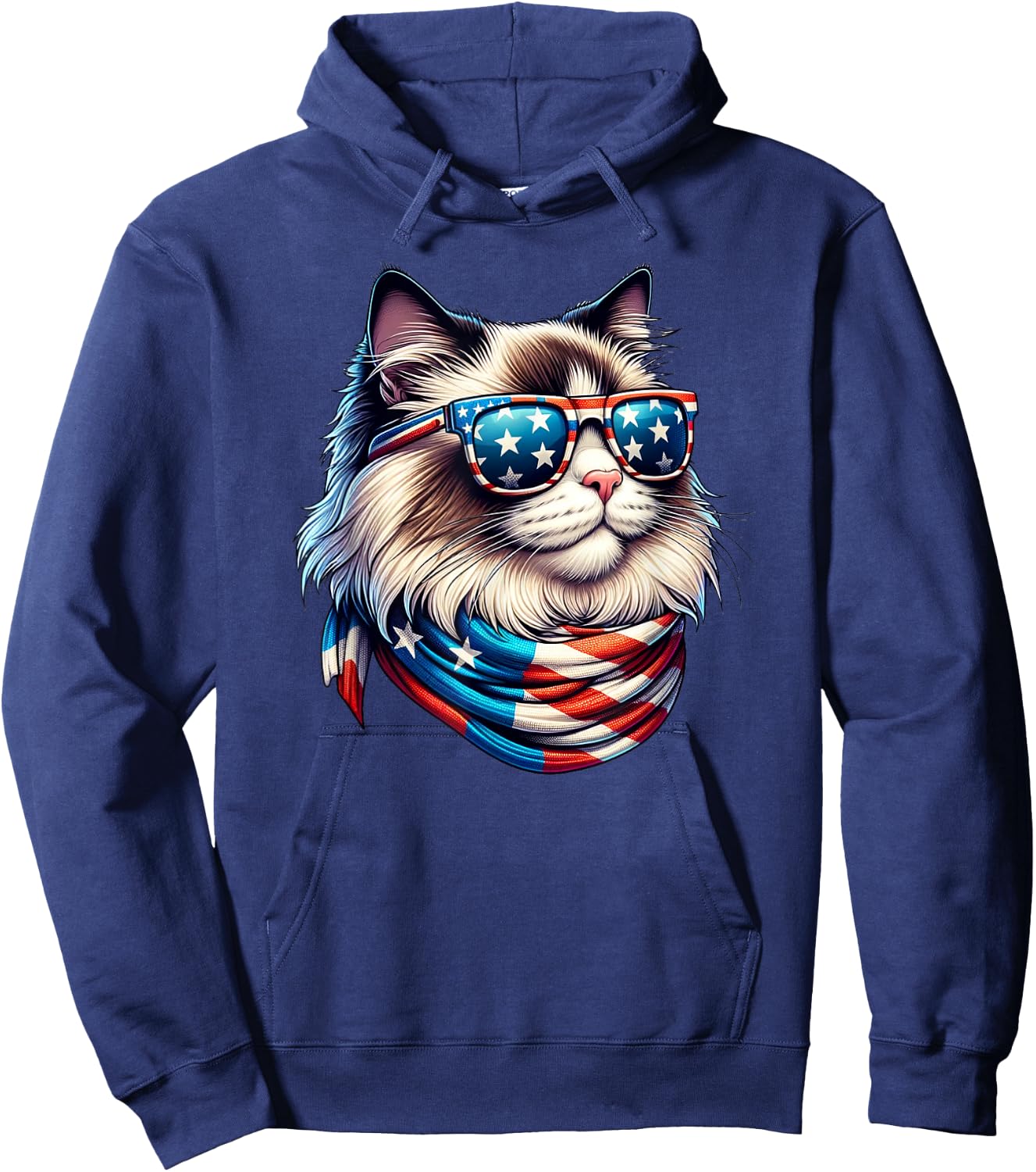 Ragdoll Cat USA Flag Sunglasses Patriotic Cat 4th of July Women Men Hoodie - Hoodie | Navy
