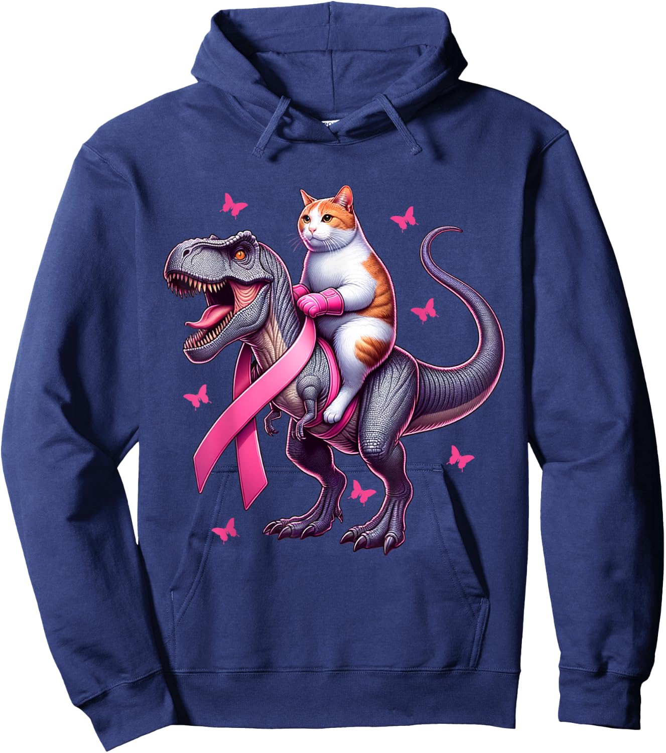 Cat Riding T Rex Dinosaur. Breast Cancer Awareness Women Kids Hoodie - Hoodie | Navy