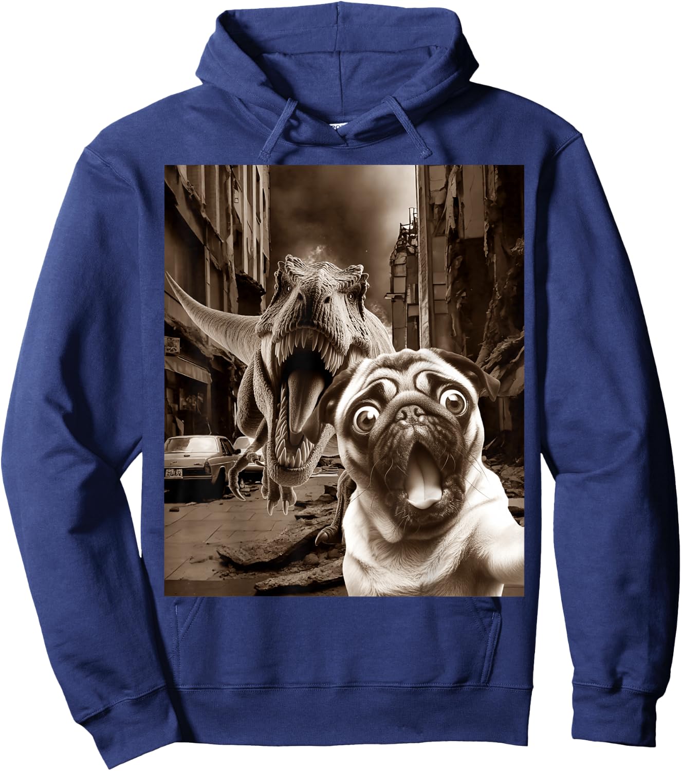 Funny Pug Selfie With T-rex Tyrannosaurus Dog Dinosaur Hoodie - Hoodie | Navy
