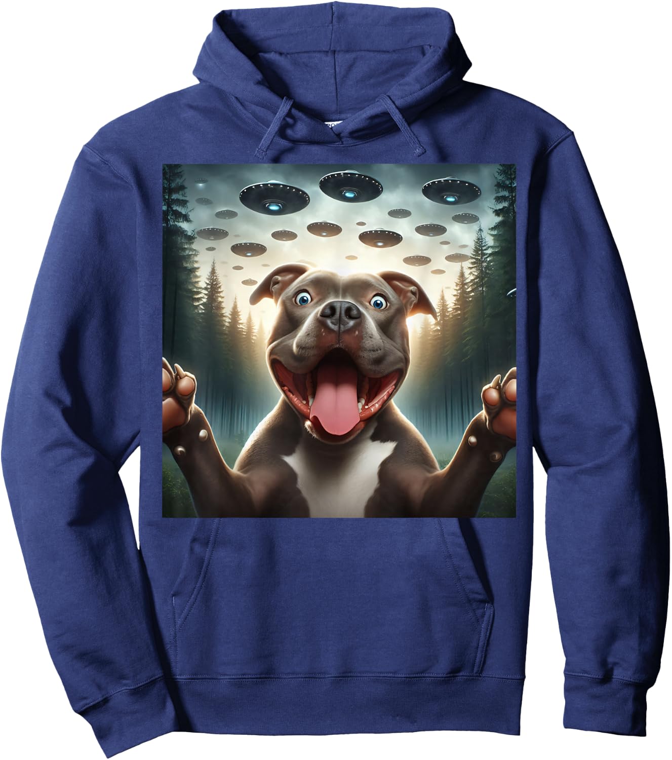 Pitbull Selfie with UFO alien funny surprised Pitbull dog Men Women Kids Hoodie - Hoodie | Navy