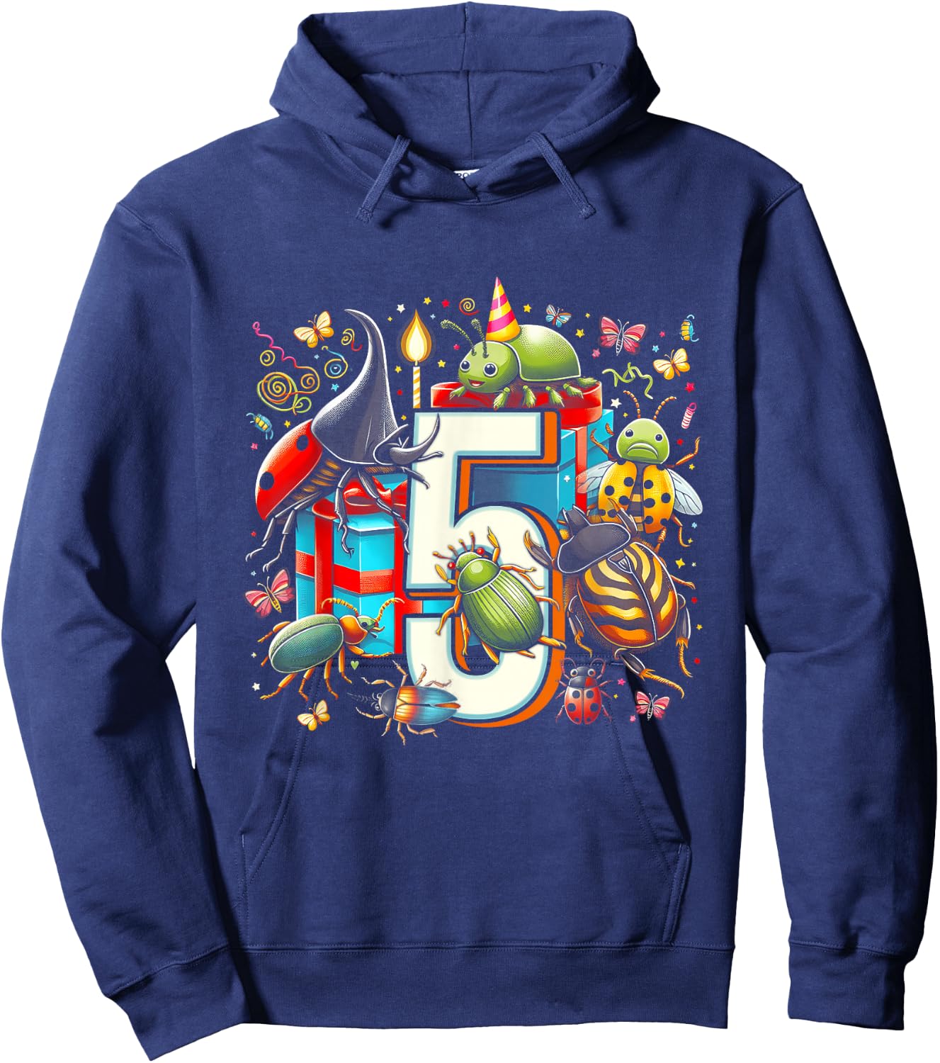 Kids 5th Birthday Bugs Insects Beetles Biology 5 Year Old Hoodie - Hoodie | Navy