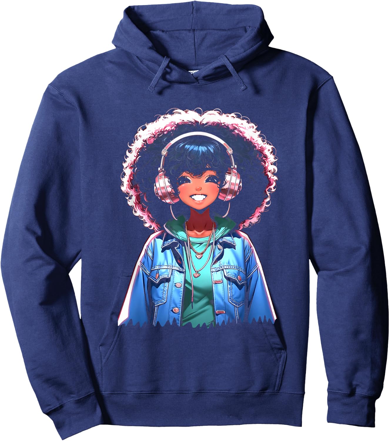 Anime and Music Black Girl Anime Merch Afro African American Hoodie - Hoodie | Navy