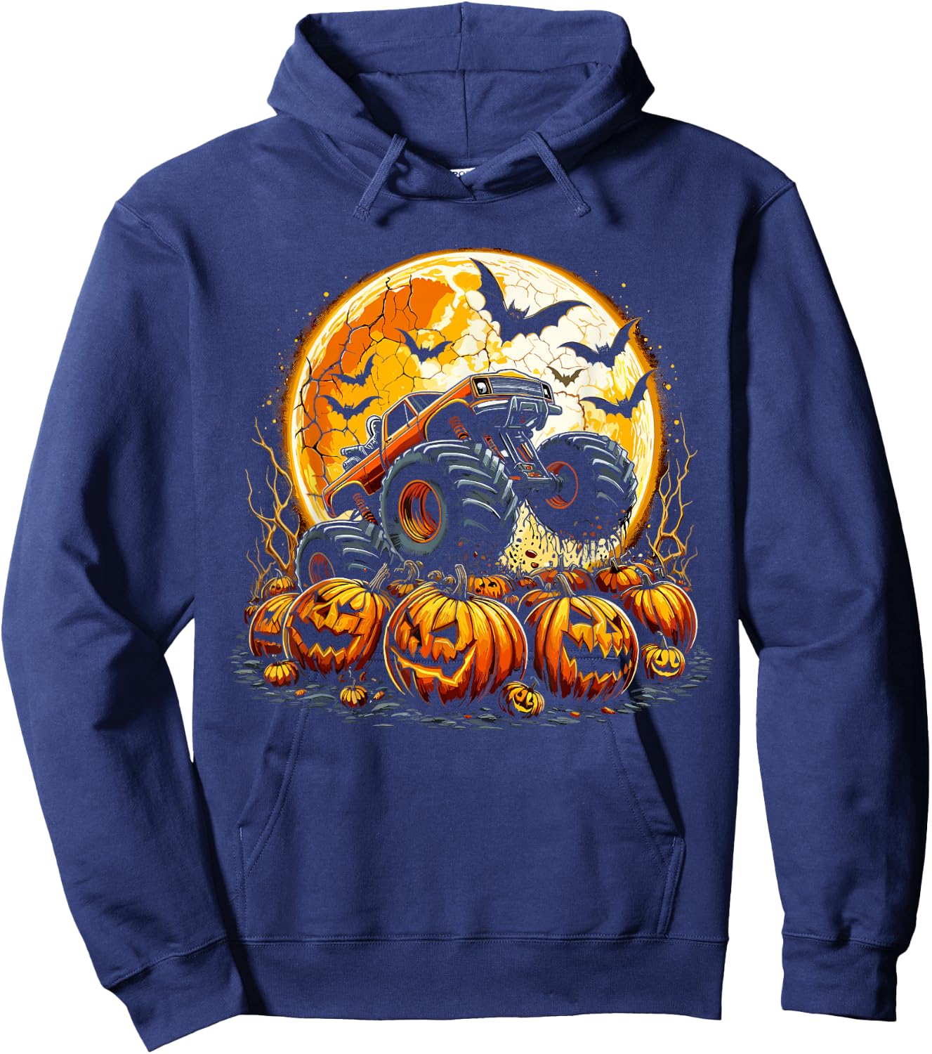 Monster Truck Halloween Jack O Lantern Pumpkin Moon Hoodie - Hoodie | Navy