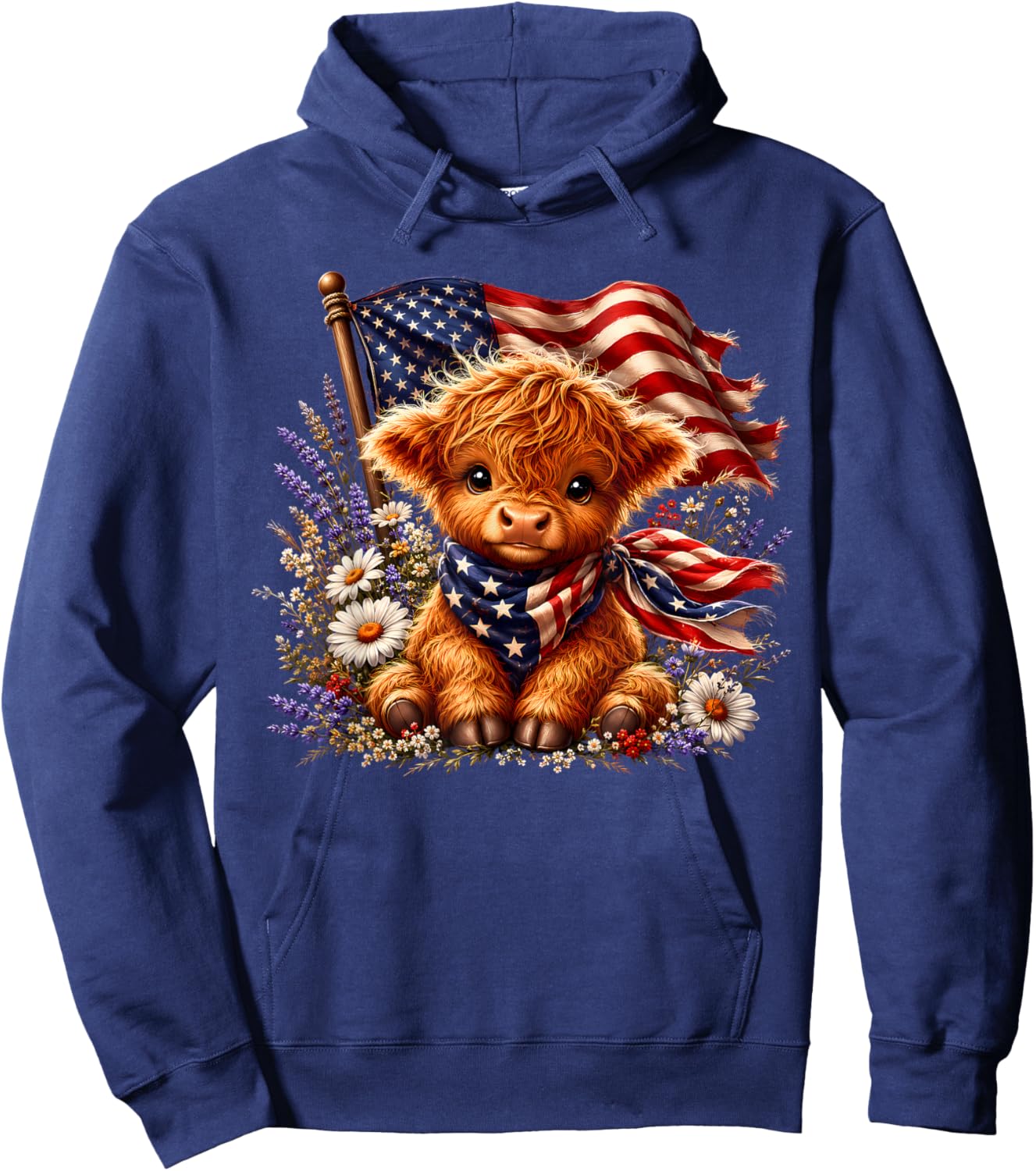 Highland Cow Florals 4th of July American USA Flag Patriotic Hoodie - Hoodie | Navy