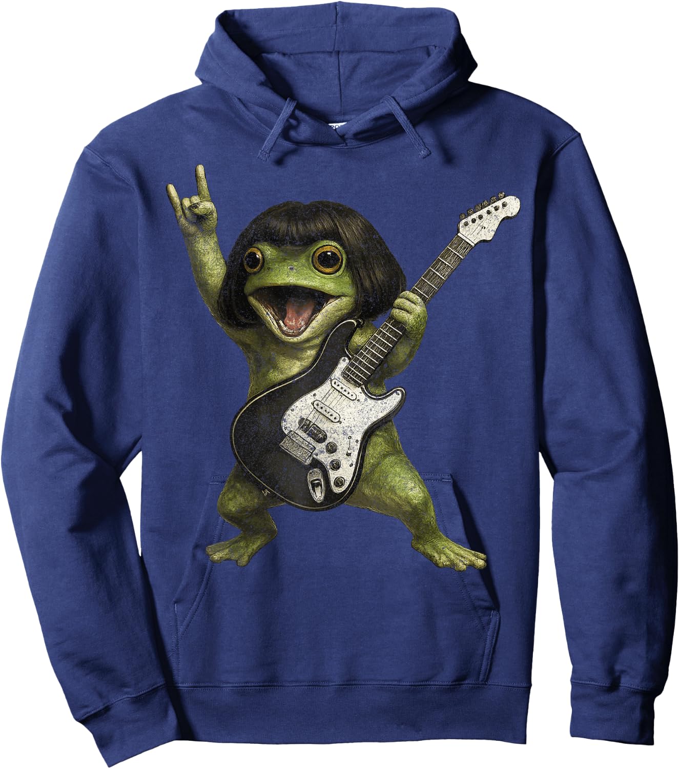 Funny Bob Haircut Frog Playing Guitar Rock and Roll Meme Hoodie - Hoodie | Navy