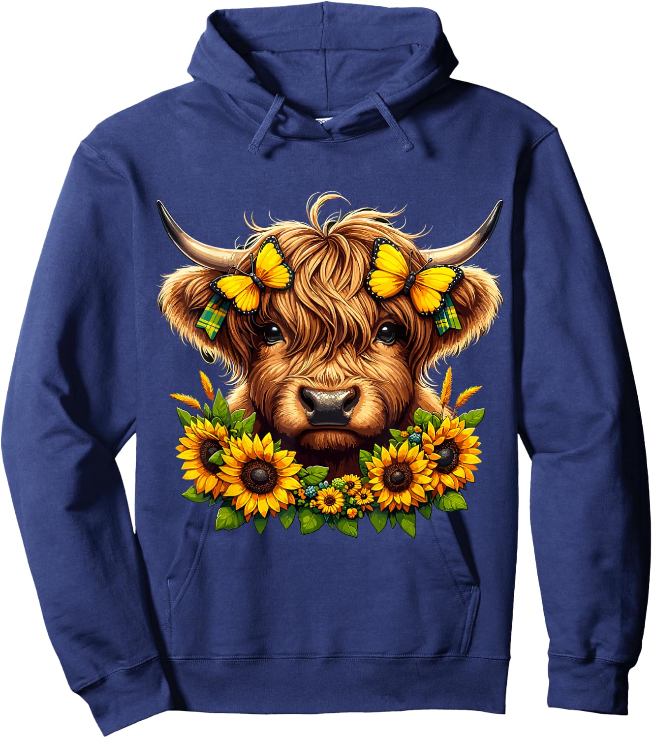 Highland Cow Sunflowers and Butterflies Highland Cattle Hoodie - Hoodie | Navy