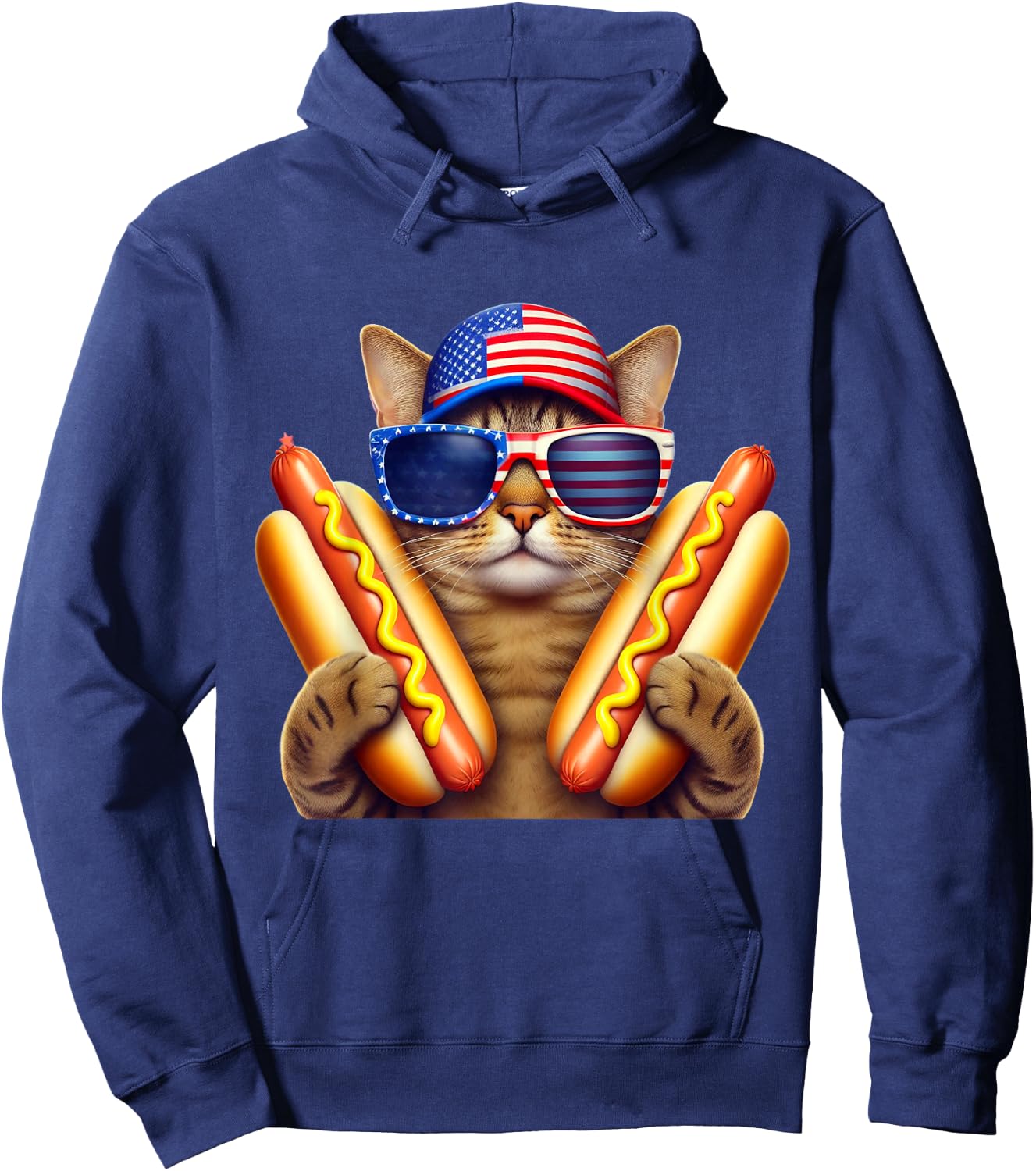 4th of July Hotdog Cat Funny Patriotic Cat USA Flag Wiener Hoodie - Hoodie | Navy