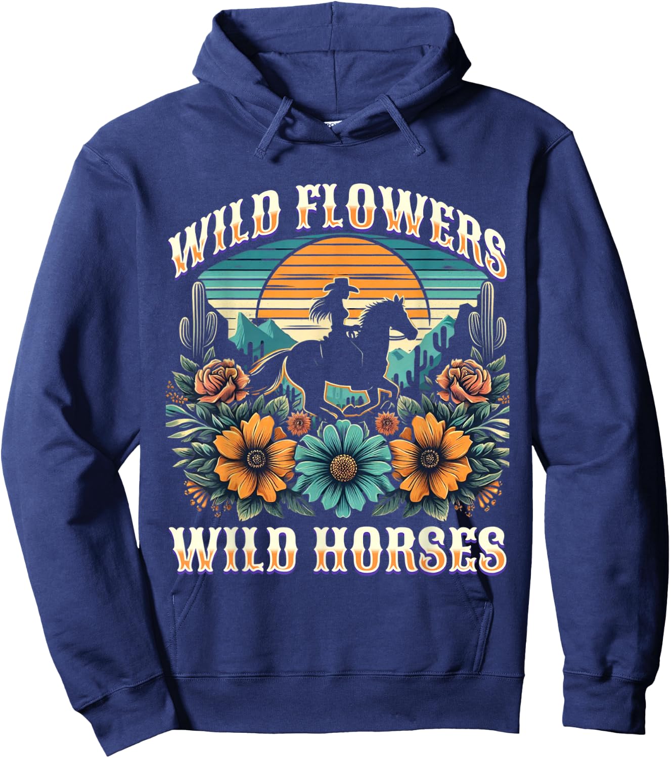 Sunset Cowgirl Riding Horse Wild Flowers - Wild Horses Hoodie - Hoodie | Navy