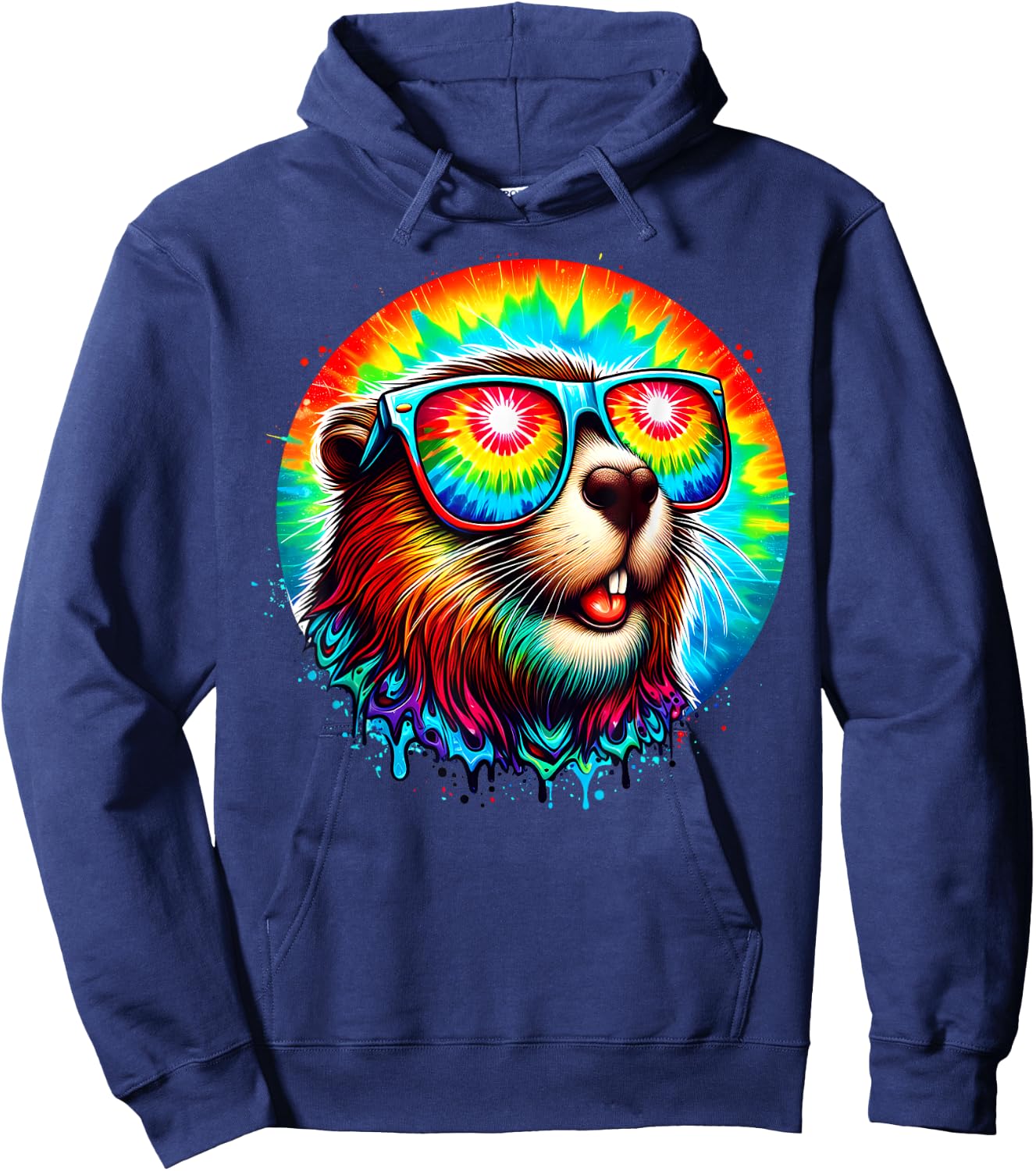 Cool Tie Dye Sunglasses Beaver Illustration Graphic Art Hoodie - Hoodie | Navy