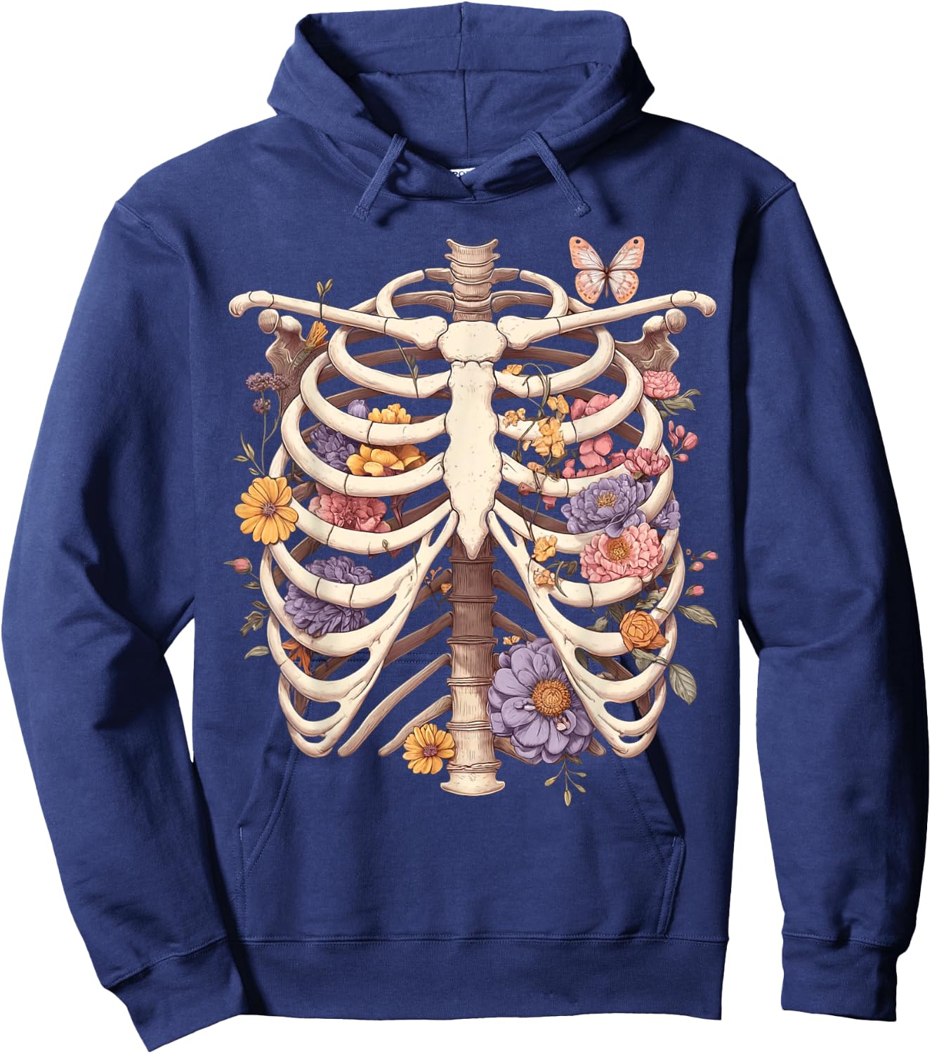 Goth Heart Ribcage with Butterflies and Flowers Skeleton Hoodie - Hoodie | Navy
