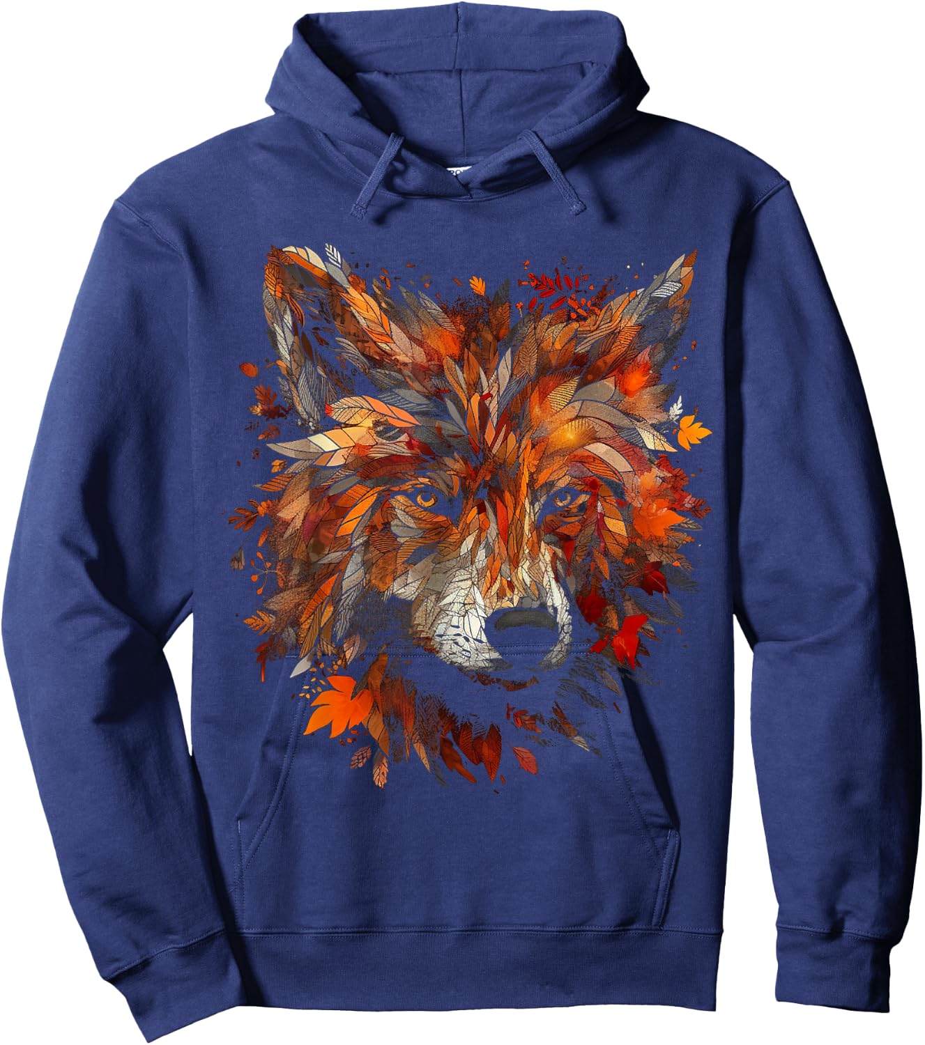 Wolf Autumn Leaves - Animal Art Motif Wolf Hoodie - Hoodie | Navy