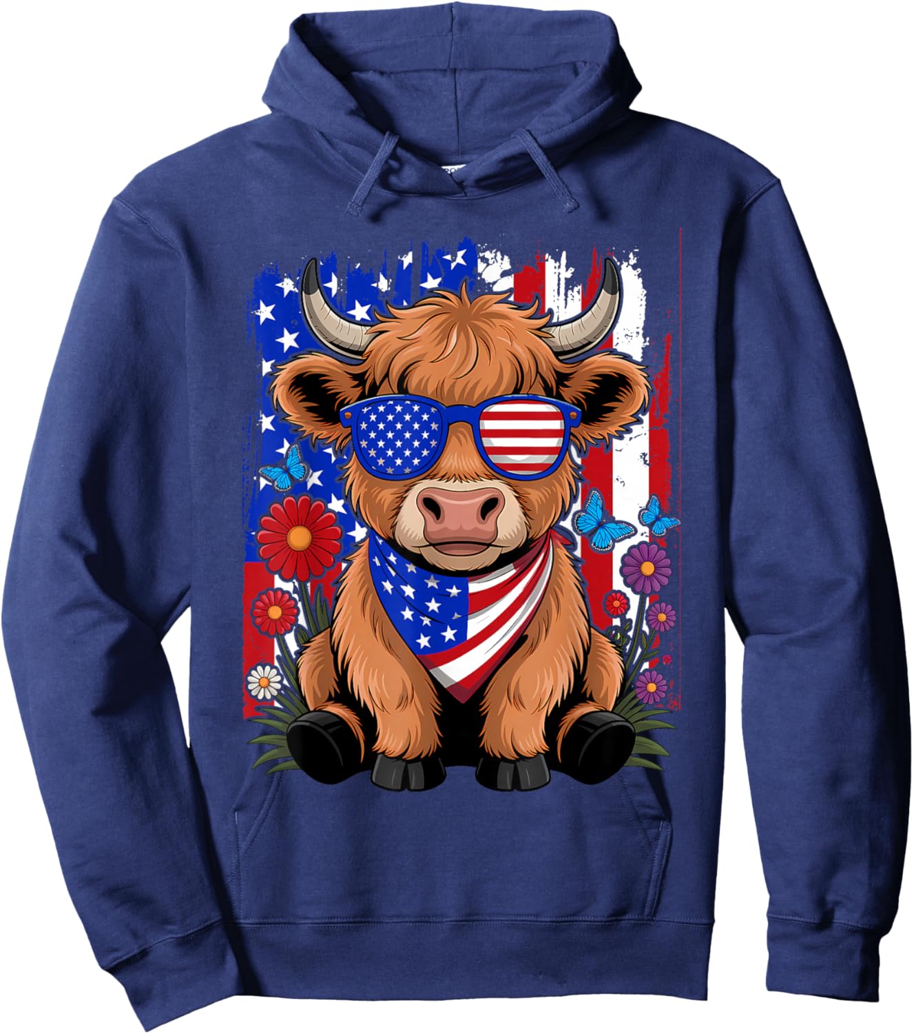Cute Highland Cow Florals 4th of July USA Flag Patriotic Cow Hoodie - Hoodie | Navy