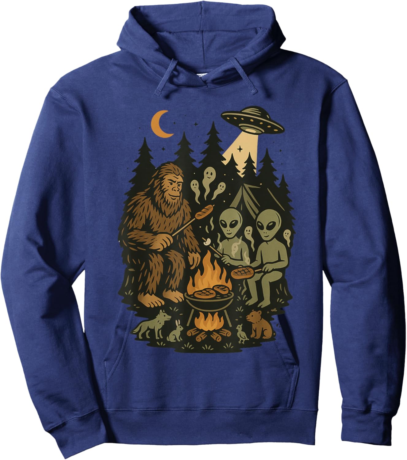 Bigfoot and Aliens Cooking in Forest with UFOs and Animals Hoodie - Hoodie | Navy