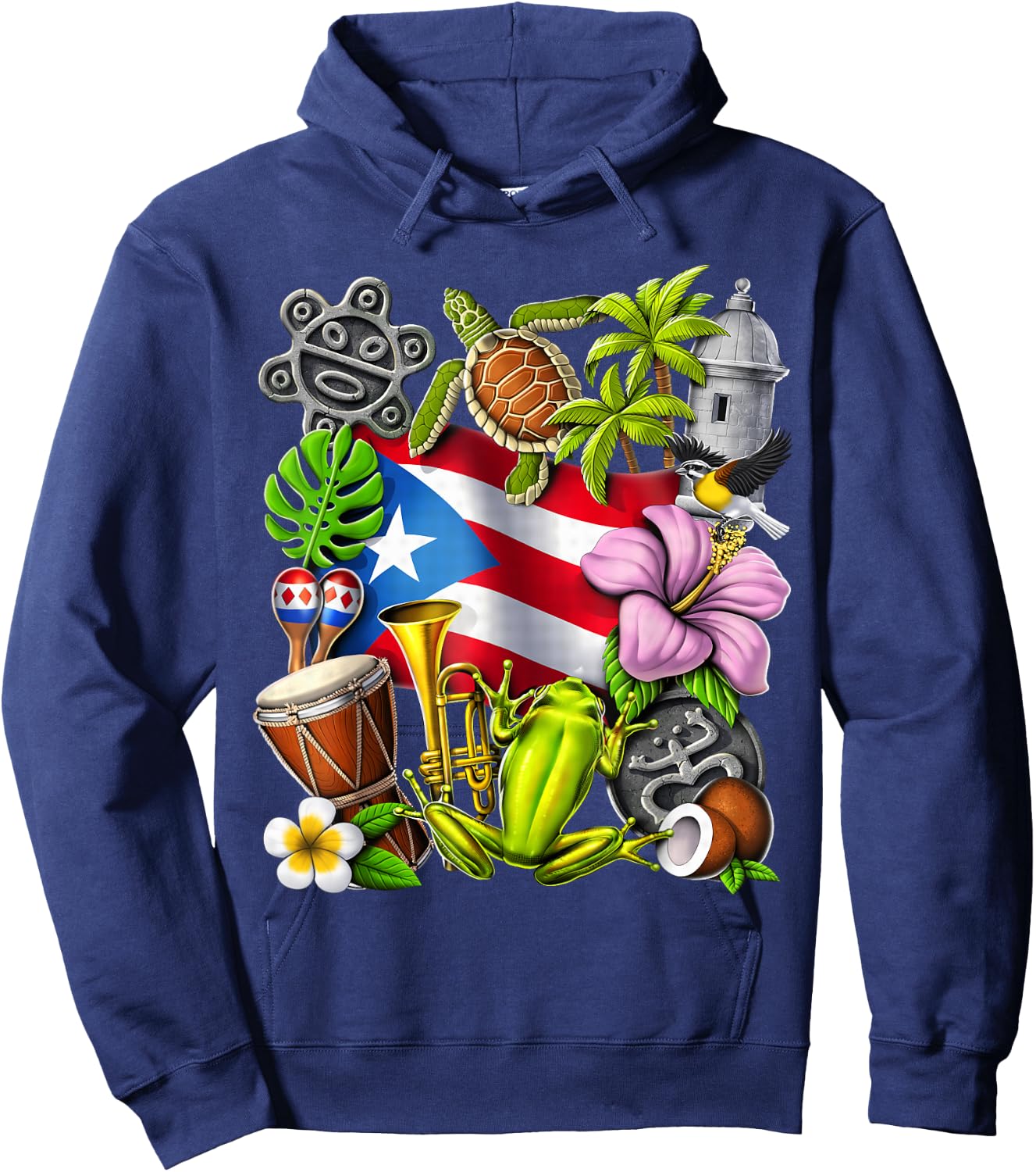 Puerto Rico Boricua Coqui Frog Taino Sun Puerto Rican Flag Hoodie - Hoodie | Navy