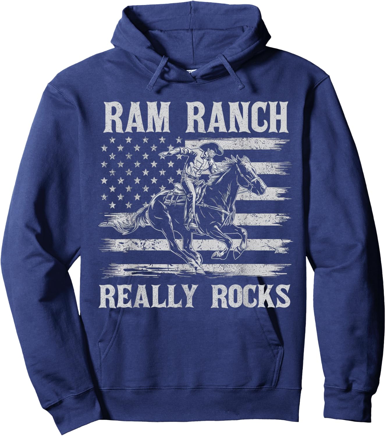 Ram Ranch Really Rocks Cowboy Horseback Vintage USA Flag Hoodie - Hoodie | Navy