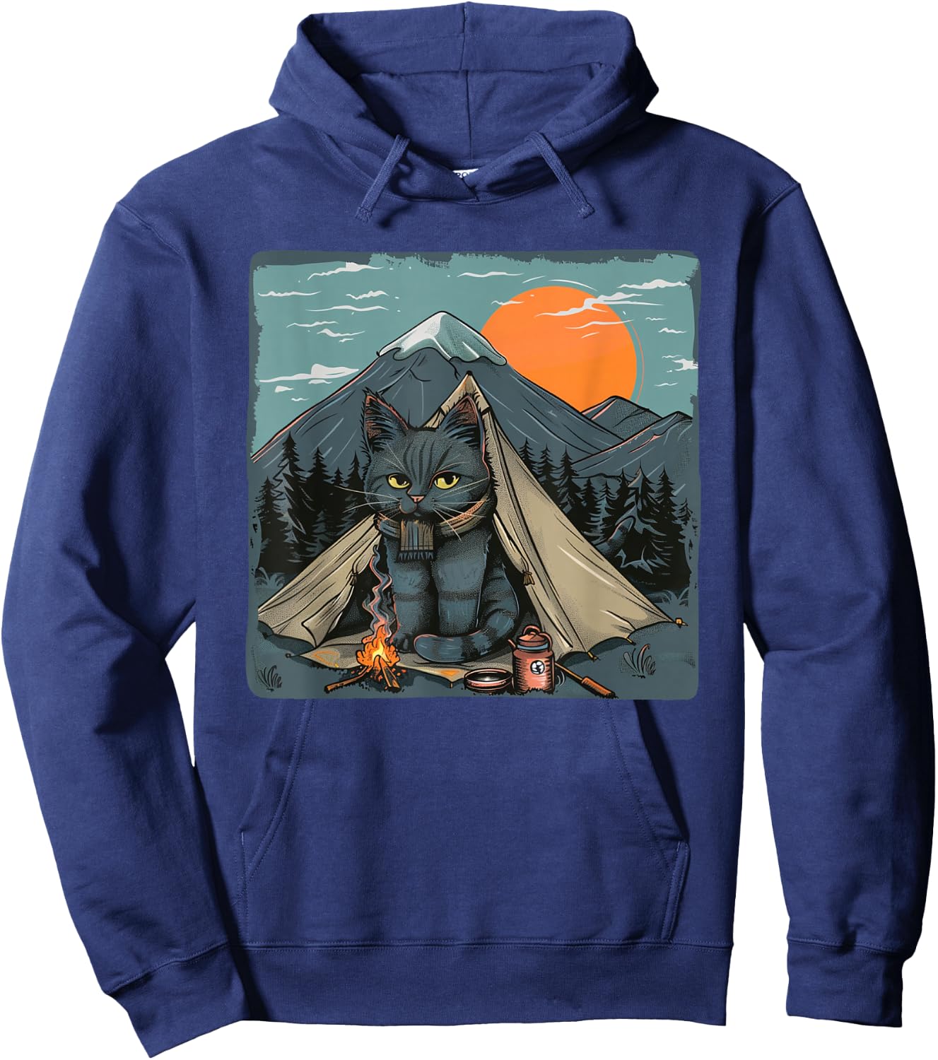 Awesome Nature Camping Cat with nice Mountains and Sunset Hoodie - Hoodie | Navy
