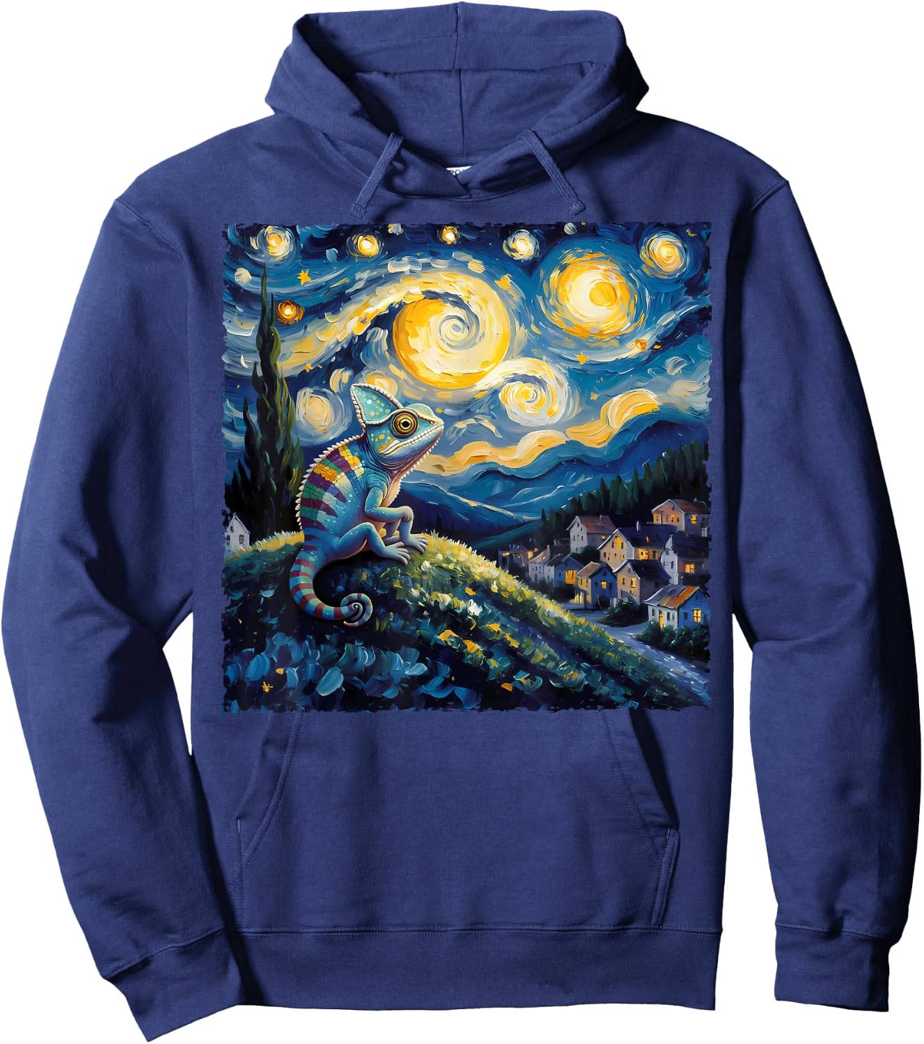 Van Gogh Style Funny Chameleon Lover Starry Night Painting Hoodie - Hoodie | Navy