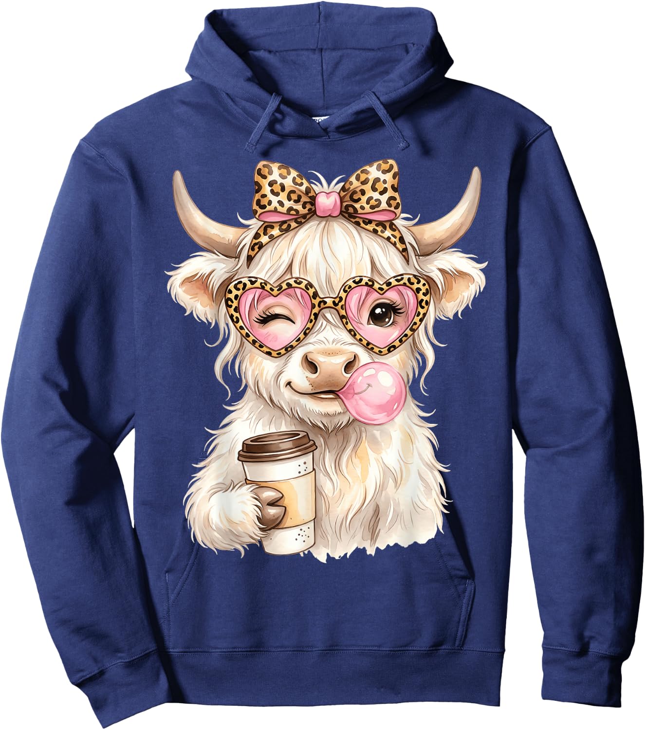 Scottish Highland Cow Blowing Bubblegum Hoodie - Hoodie | Navy