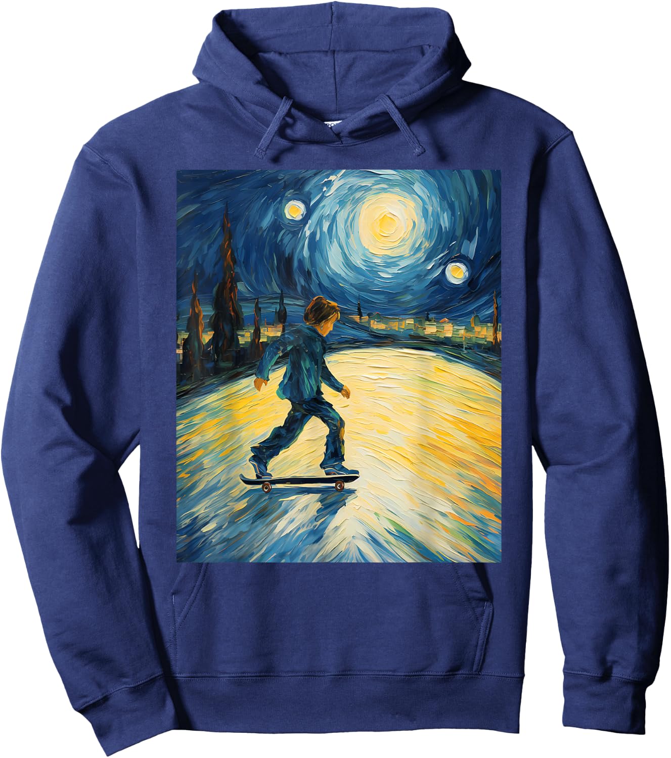 Aesthetic Surrealism Starry Night Boy Skateboarding Hoodie - Hoodie | Navy
