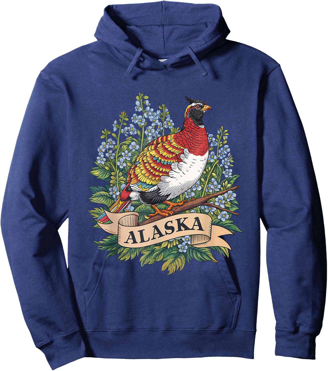 Alaska Willow Ptarmigan Bird and Forget-Me-Not Flower Hoodie - Hoodie | Navy