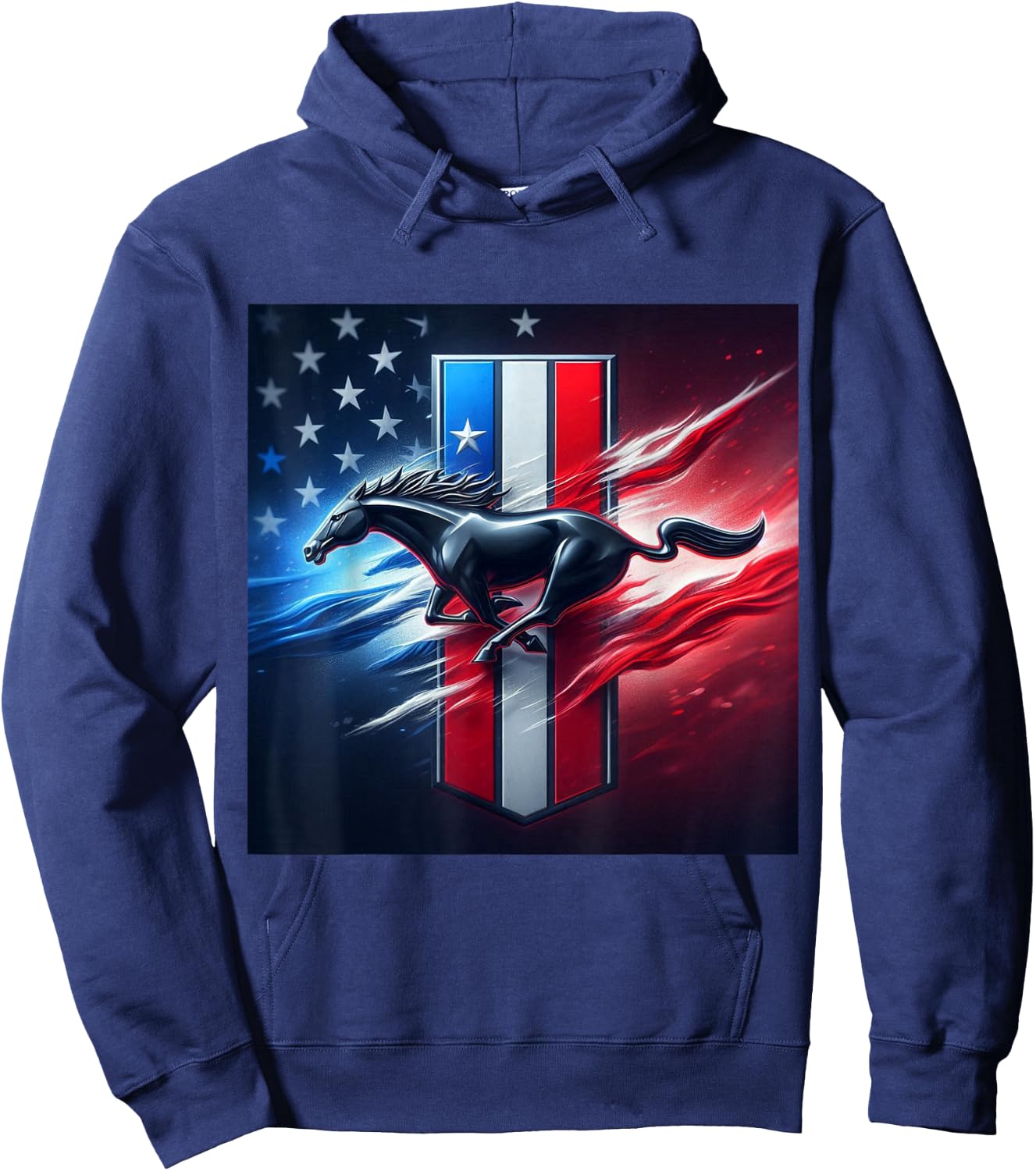 Galloping Mustang on Tri-Bar & Flag Background Hoodie - Hoodie | Navy