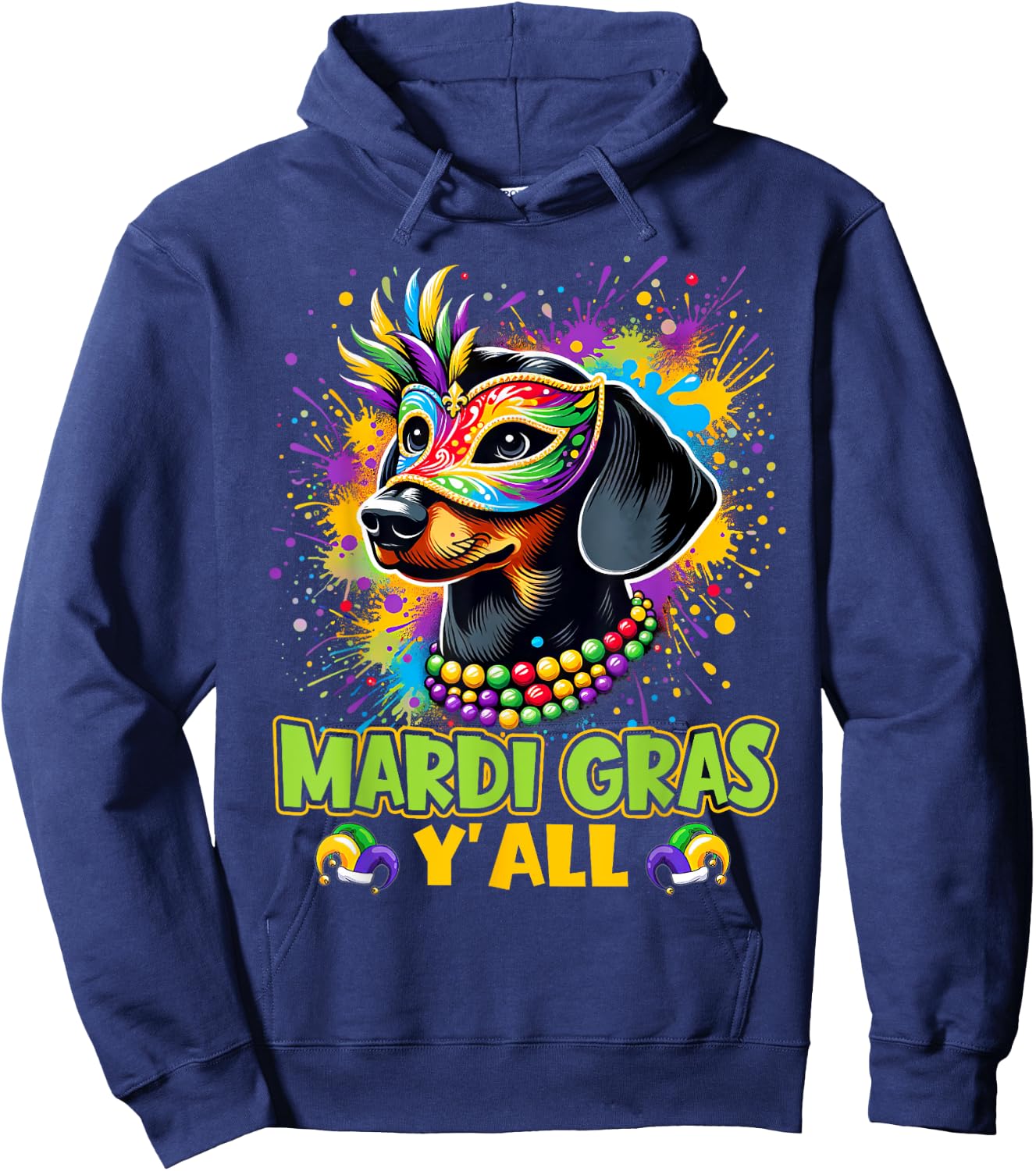 Dachshund Dog Mardi Gras Y'all With Beads Mask Colorful Hoodie - Hoodie | Navy