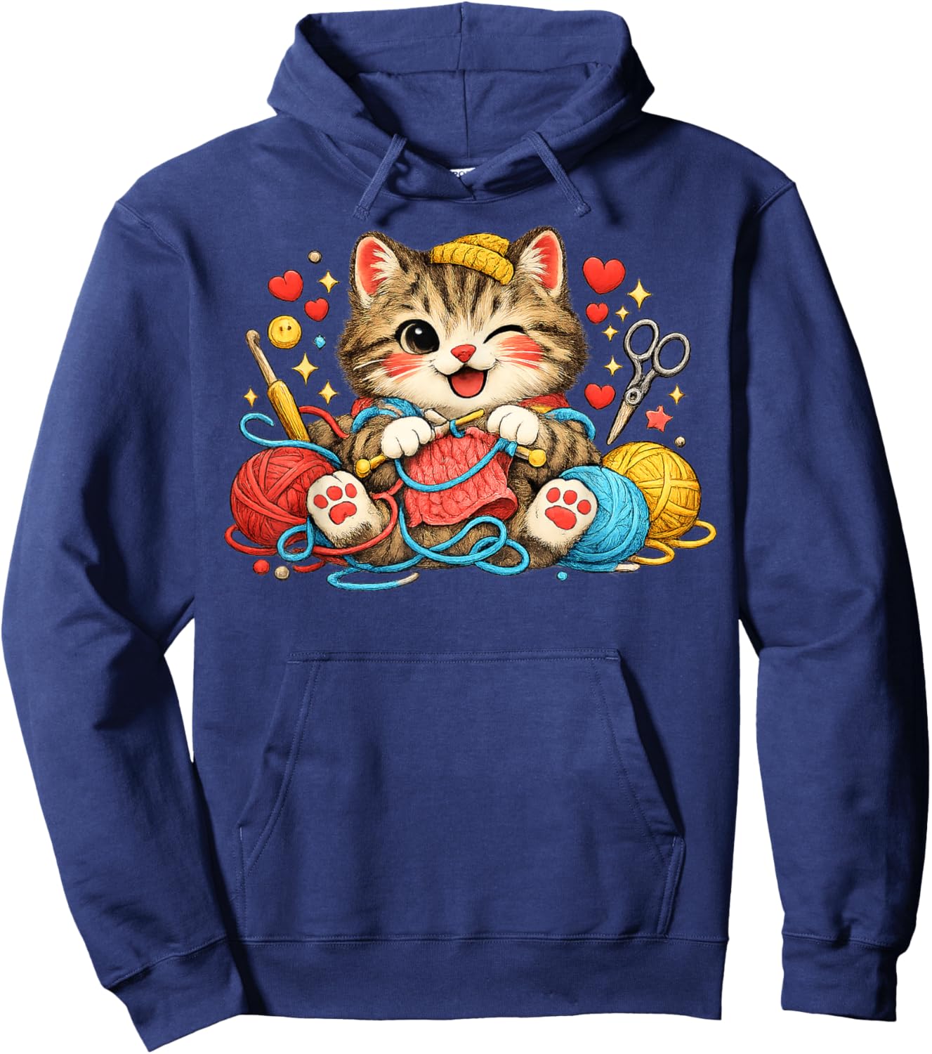 Funny Knitting Cat Crochet Yarn Lover Cute Cat Design Hoodie - Hoodie | Navy